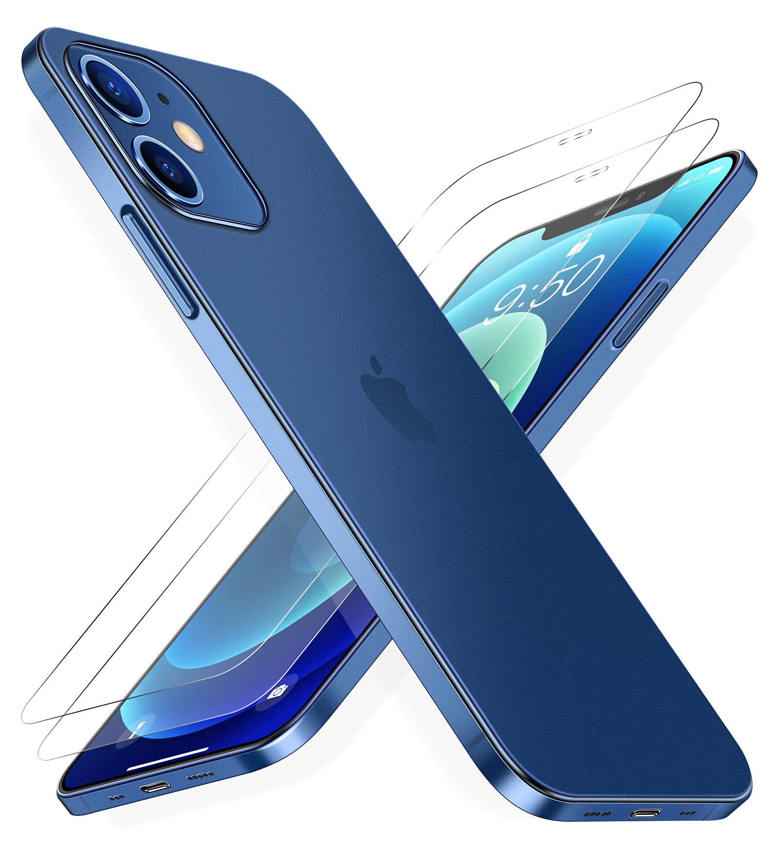 Dataroad iPhone 12 Slim Case 0.2mm Ultra Thin - 6.1 Inch Clear Protective Phone Cover with 2 Pack Tempered Glass Screen Protector | Non-Yellowing, Anti-Fingerprint | Perfect for Everyday Use, Travel & Work - Pacific Blue