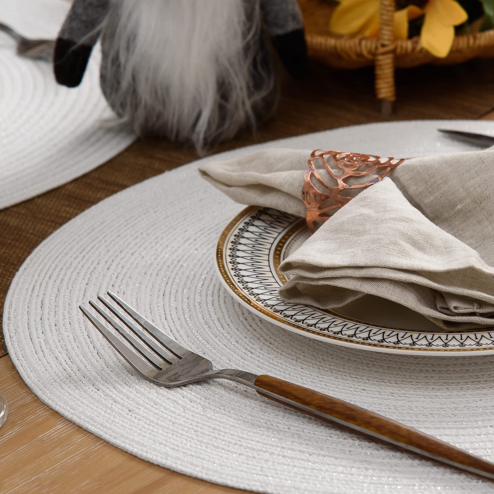 FunWheat Round Placemats Set of 6 - 15 Inch Washable Non-Slip Table Mats for Dining - Wedding Party Decor (White Silver) | Perfect for Everyday Meals, Dinner Parties & Special Occasions