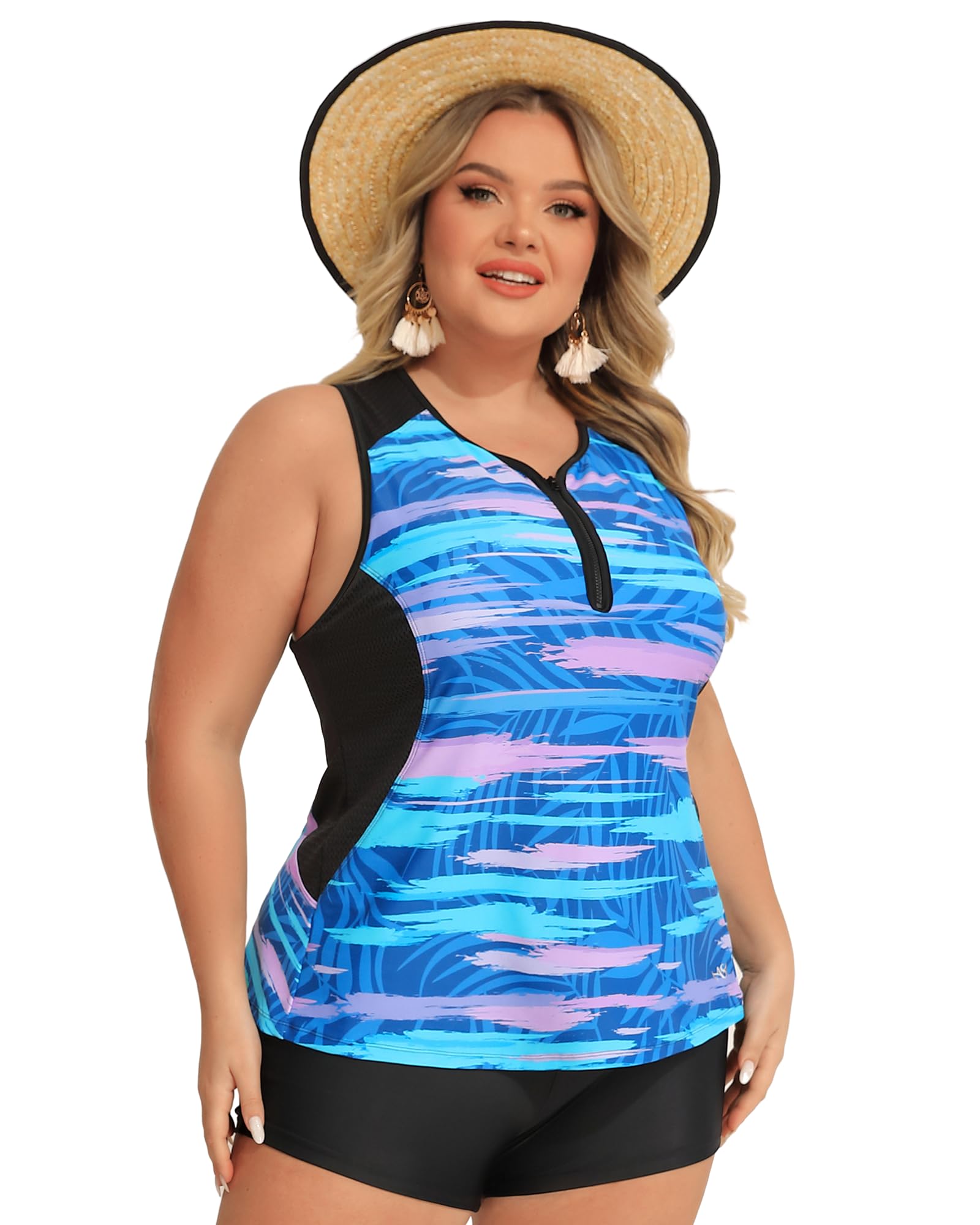 Plus Size Tankini Swimsuits for Women - Tummy Control Zippered Swimwear Top | Angel Season | Perfect for Beach, Pool & Summer Vacations