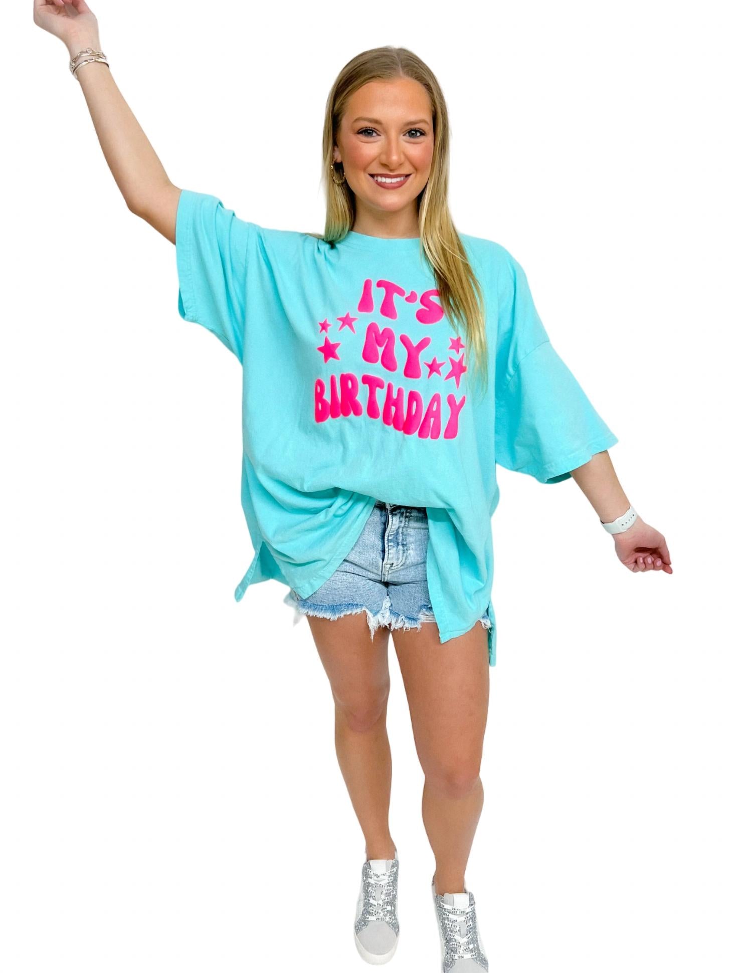My Birthday Puff Sleeve Tee in Mint Green - Cute Casual Top for Parties, Celebrations & Everyday Wear