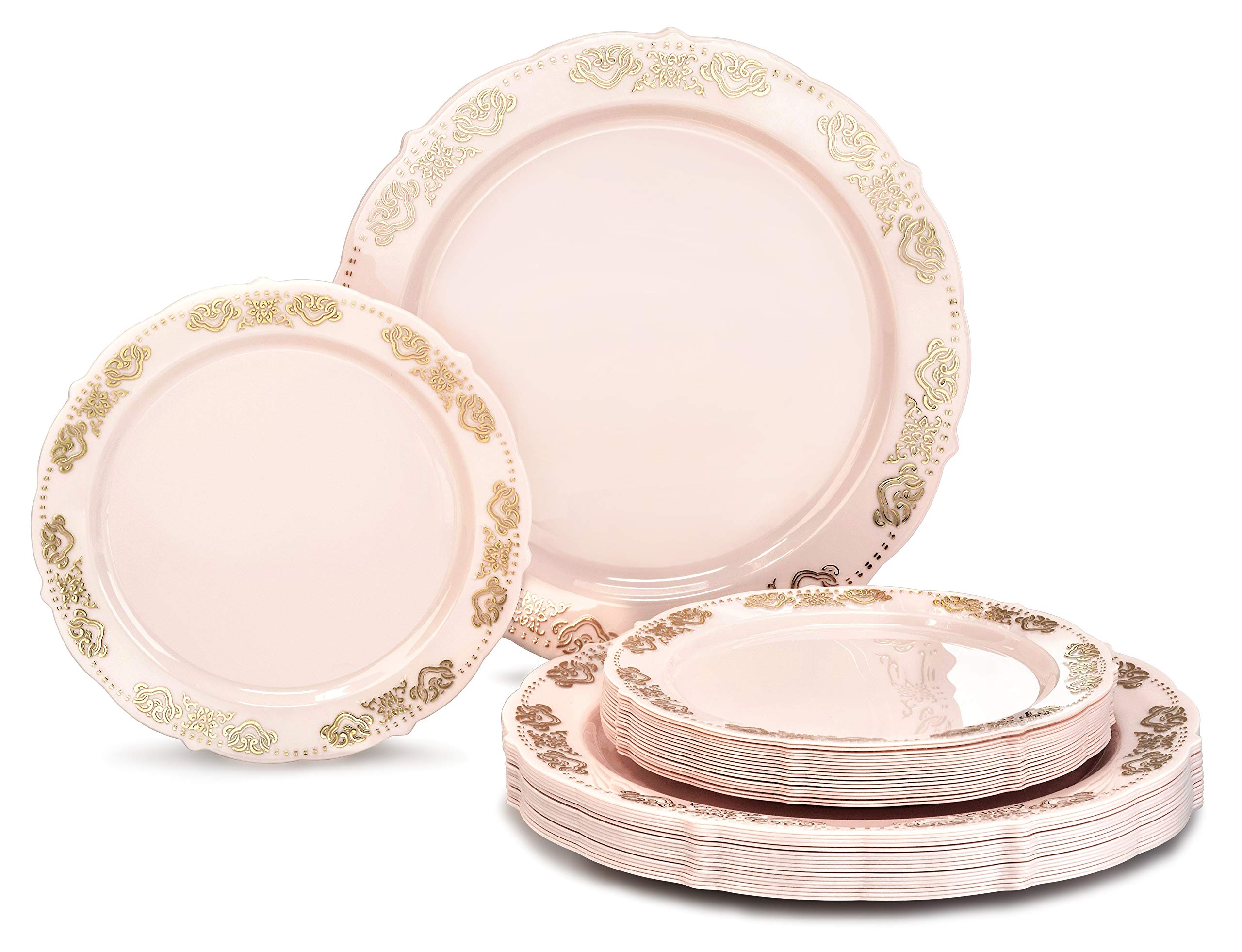 240-Pack Vintage Wedding Disposable Plastic Plates Set - 120x10.25'' Dinner Plates + 120x7.5'' Salad Plates (Portofino Light Pink/Blush & Gold) for 120 Guests - Perfect for Weddings, Bridal Showers, Anniversaries & Formal Parties