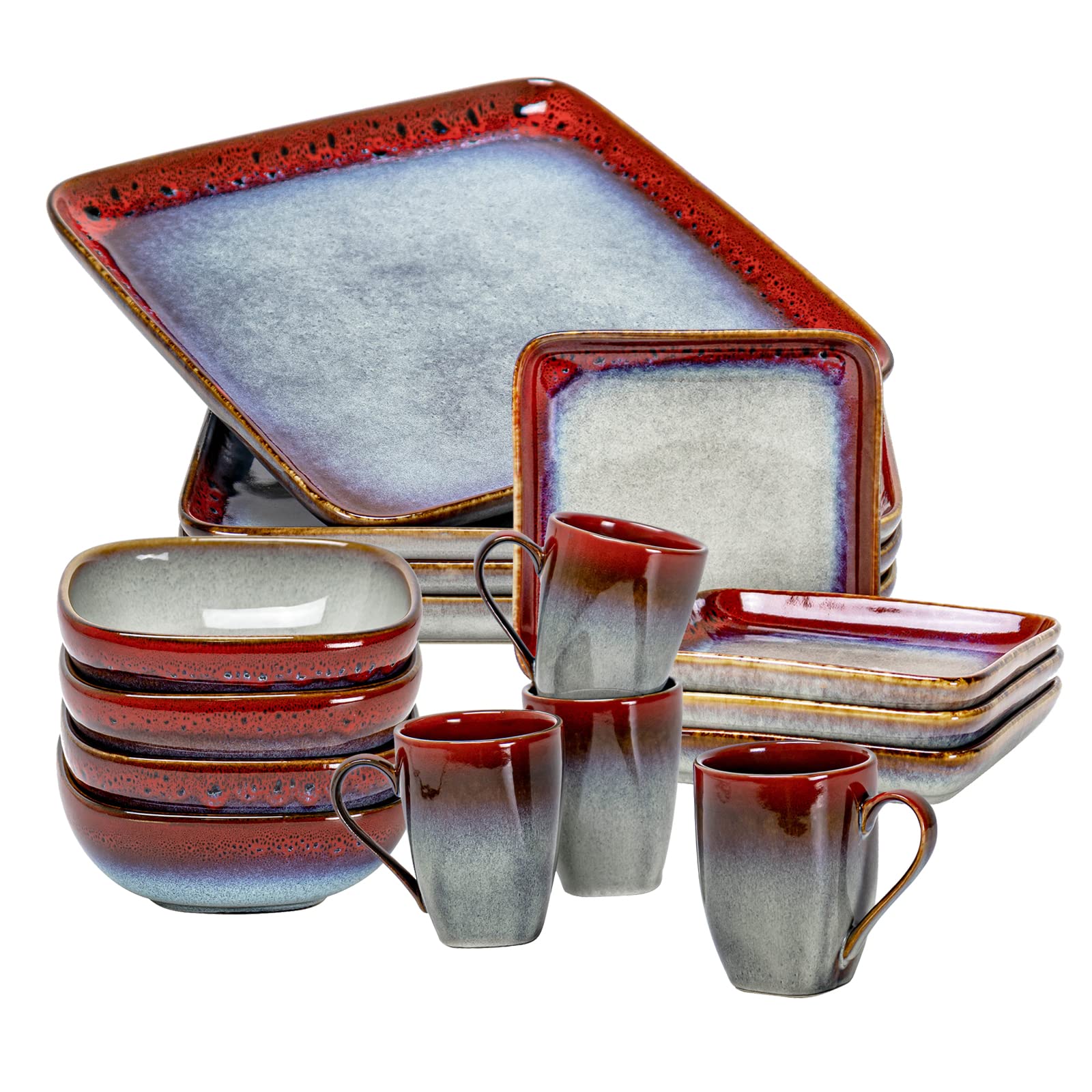 HENXFEN 16-Piece Square Ceramic Dinnerware Set for 4 - Stoneware Plates, Bowls & Mugs - Microwave, Oven & Dishwasher Safe - Scratch Resistant - Perfect for Family Dinners, Parties & Restaurant Use