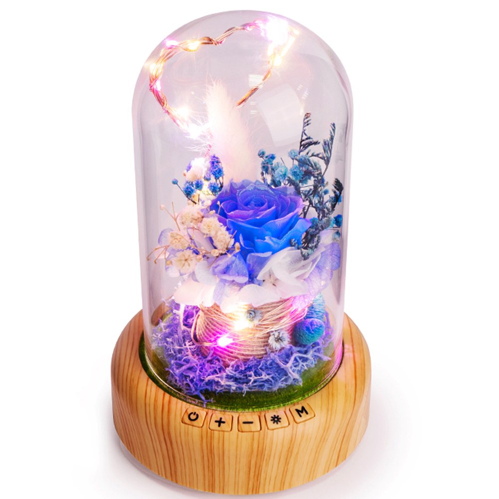 SWEETIME Blue Rose Lamp - Real Preserved Rose in Glass Dome with Bluetooth Speaker, Eternal Flower Night Light & Musical Box - Perfect Gift for Women on Mother's Day, Birthday, Valentine's Day - Romantic Home Decor for Bedroom, Living Room, Wedding Anniversary