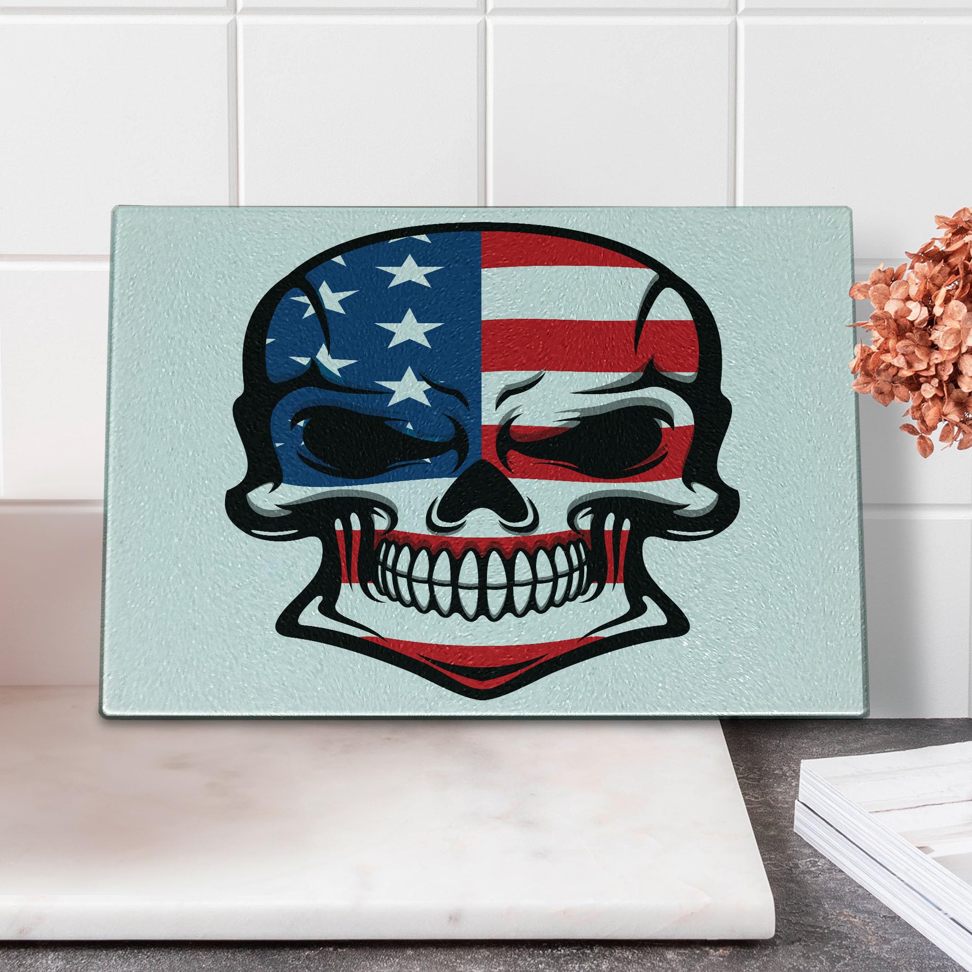 **Ambesonne Skull-Themed Tempered Glass Cutting Board - Small Size, Blue White Red - Horror Art Print for Halloween & Gothic Decor - Perfect for Serving Charcuterie, Cheese & Appetizers**