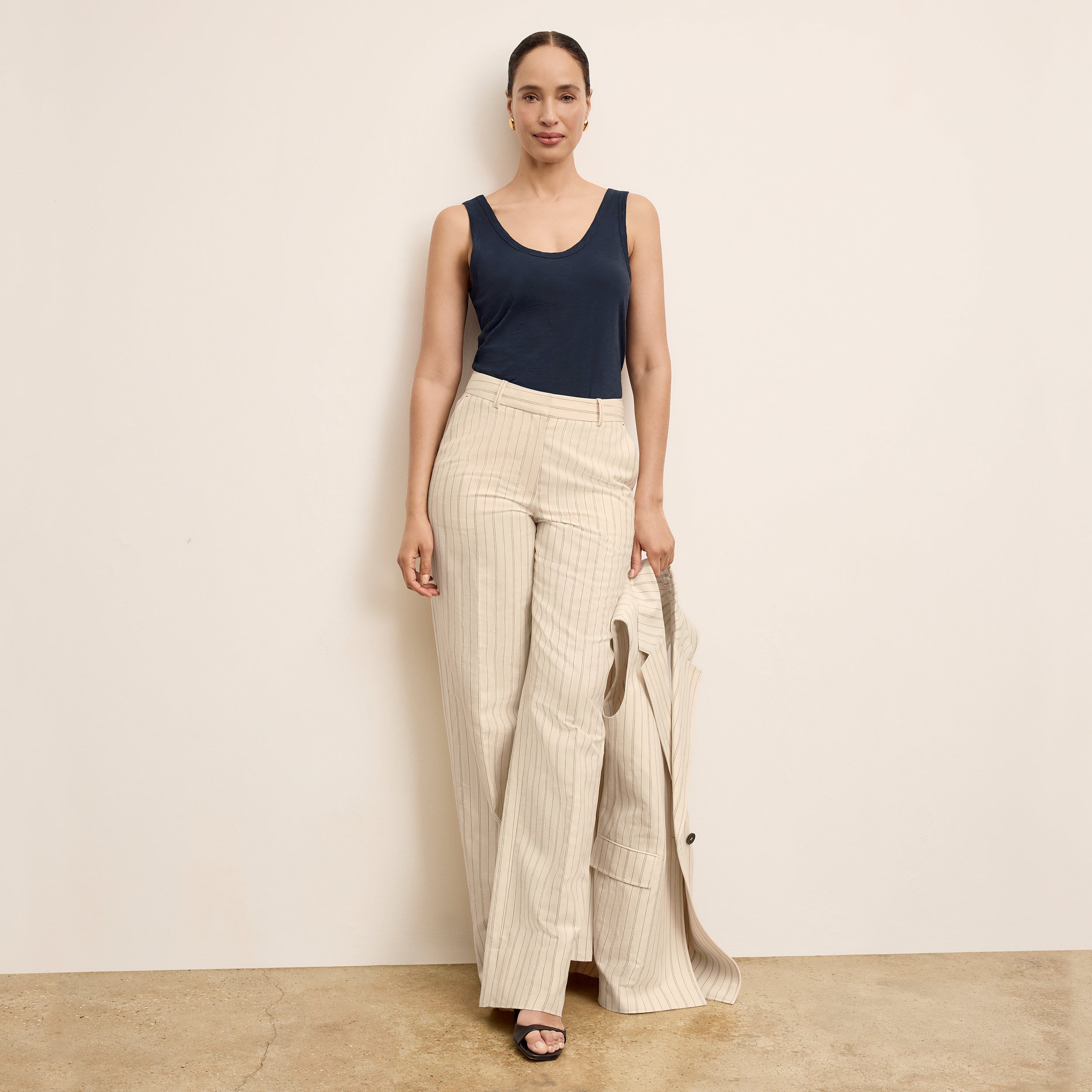 Tinsley Wide Leg Pants for Women - Breeze Stripe Pattern in Ecru & Navy - Comfortable High Waist Trousers for Office, Travel & Casual Wear