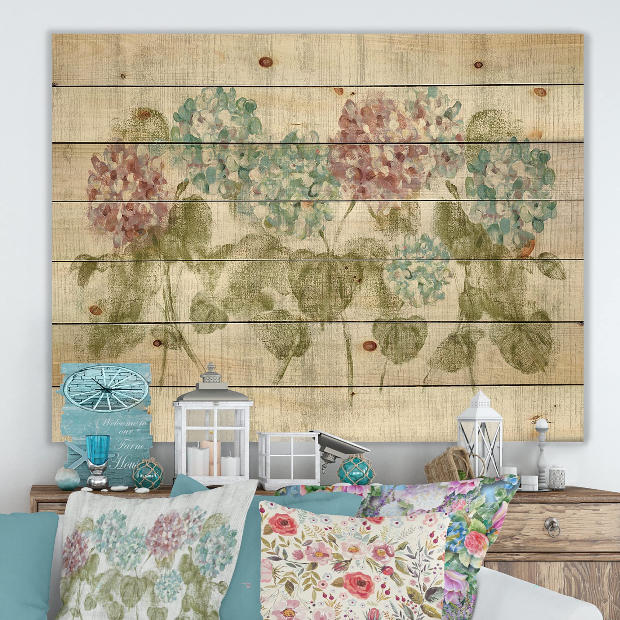 Vibrant Red and Blue Hydrangea Flowers Wood Wall Decor - Farmhouse Style Floral Wall Art - Large Printed Pine Wood Panel for Living Room, Bedroom, or Office Decoration