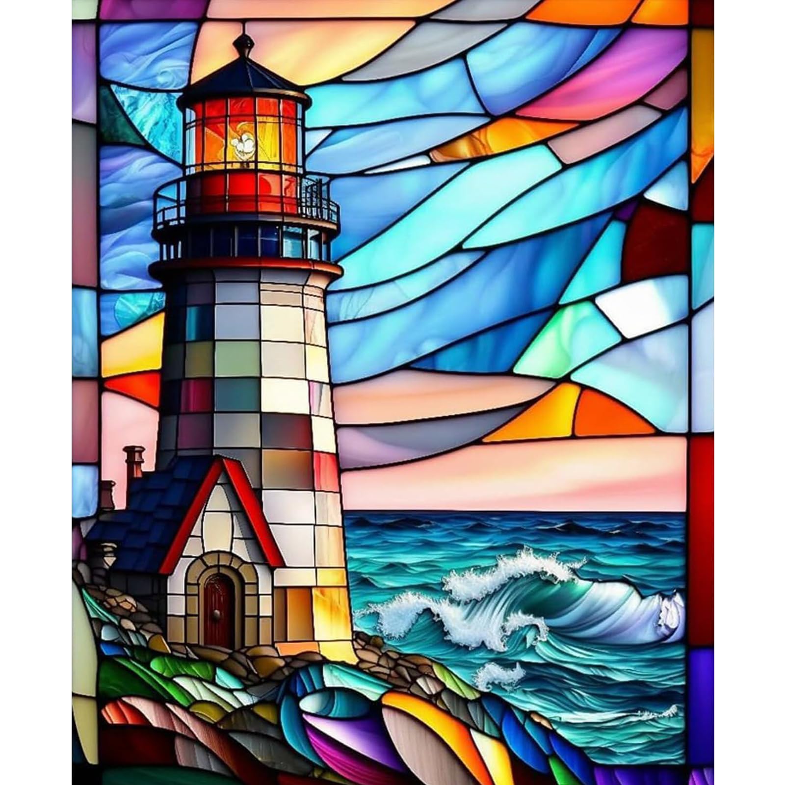 5D DIY Diamond Painting Kit for Adults - Stained Glass Lighthouse Full Drill Diamond Art, Beginner-Friendly 12x16 Inch Home Decor for Living Room & Bedroom Wall Art