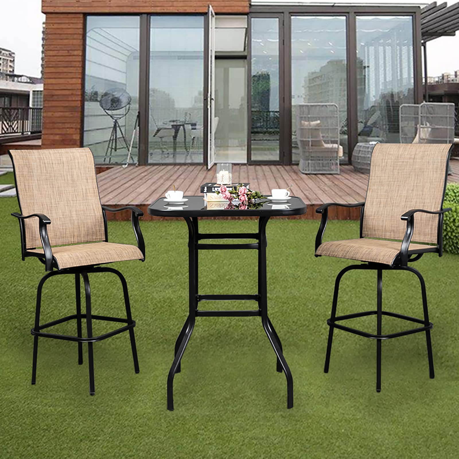 **Outdoor Bar Table - Heavy Duty Metal Frame with Tempered Glass Top - All-Weather Patio Bistro Table - Black - Easy Assembly for Backyard, Garden, or Poolside Dining**
