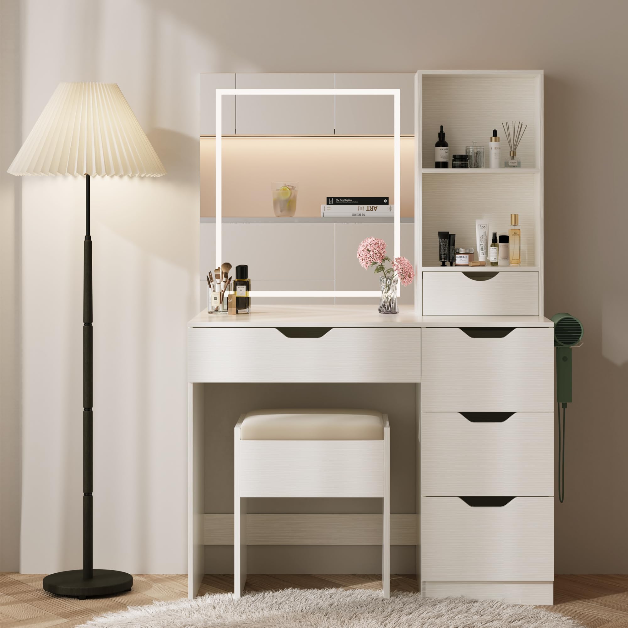 Vanity Desk with LED Lights Mirror & Power Outlet - 3 Adjustable Lighting Colors, 5 Storage Drawers, Makeup Vanity Set with Cushioned Stool - Perfect for Bedroom, Dressing Room & Home Salon (White)