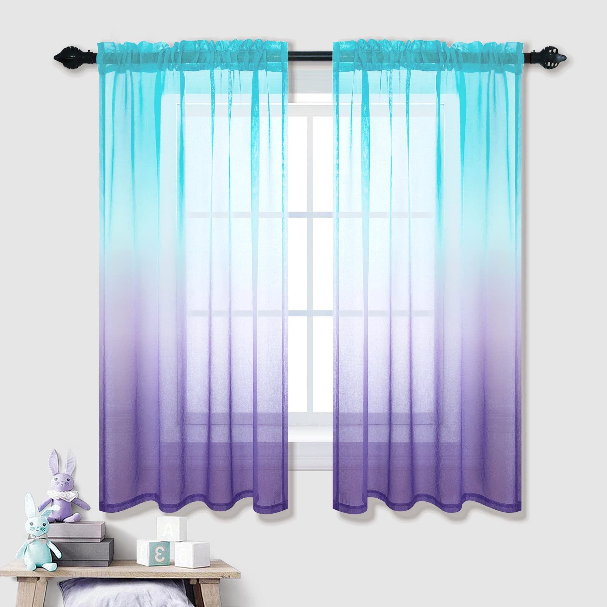 Princess Mermaid Ombre Rainbow Sheer Curtains Set of 2 - 45 Inch Length in Aqua Teal & Lavender Purple for Teen Girls Room Decor, Kids Bedroom & Bathroom Windows - Perfect for Fairy Tale Themed Bedrooms, Playrooms & Nursery Decorations
