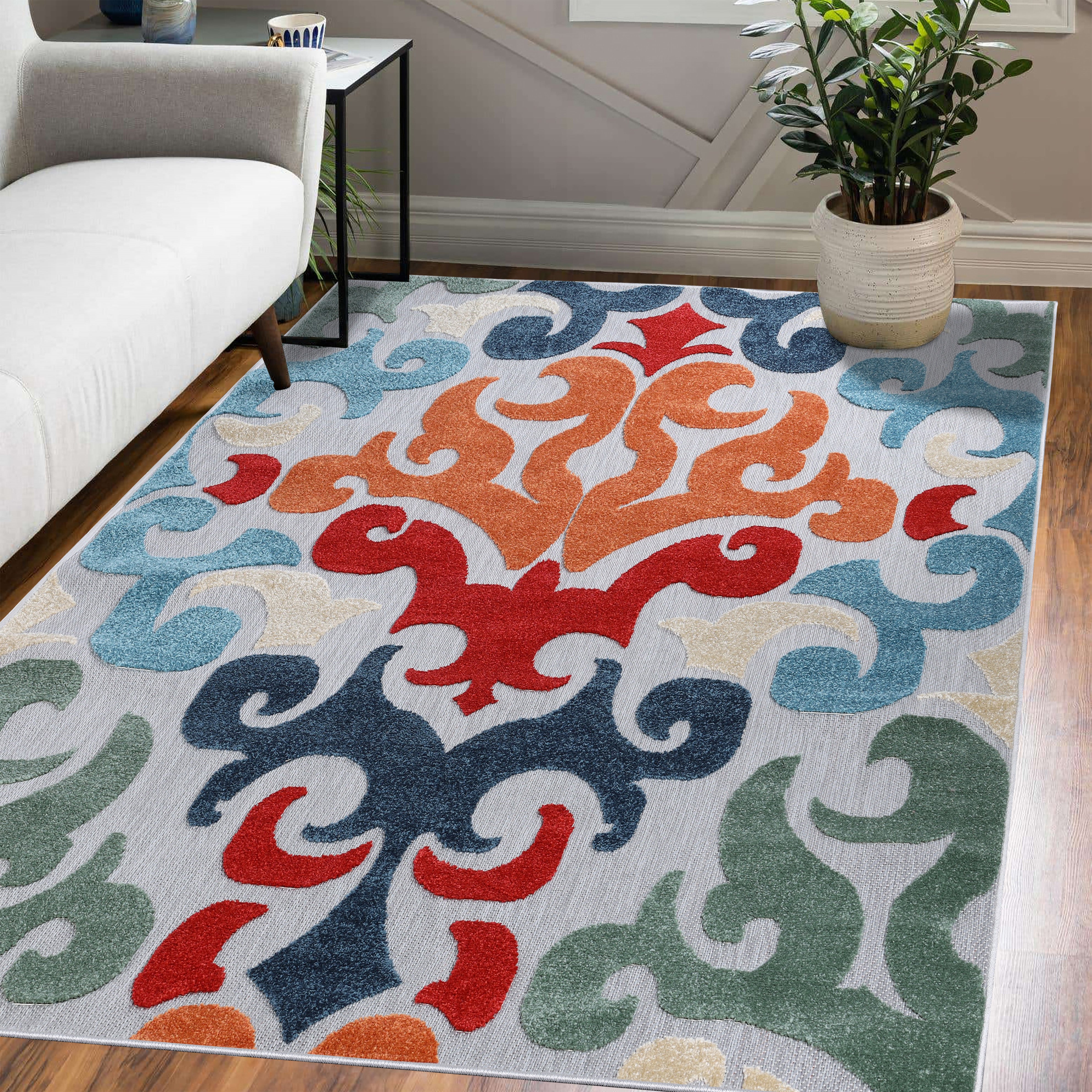 Vintage Damask Indoor Outdoor Area Rug by Aldaine - Perfect for Living Room, Patio, and Bedroom Decor