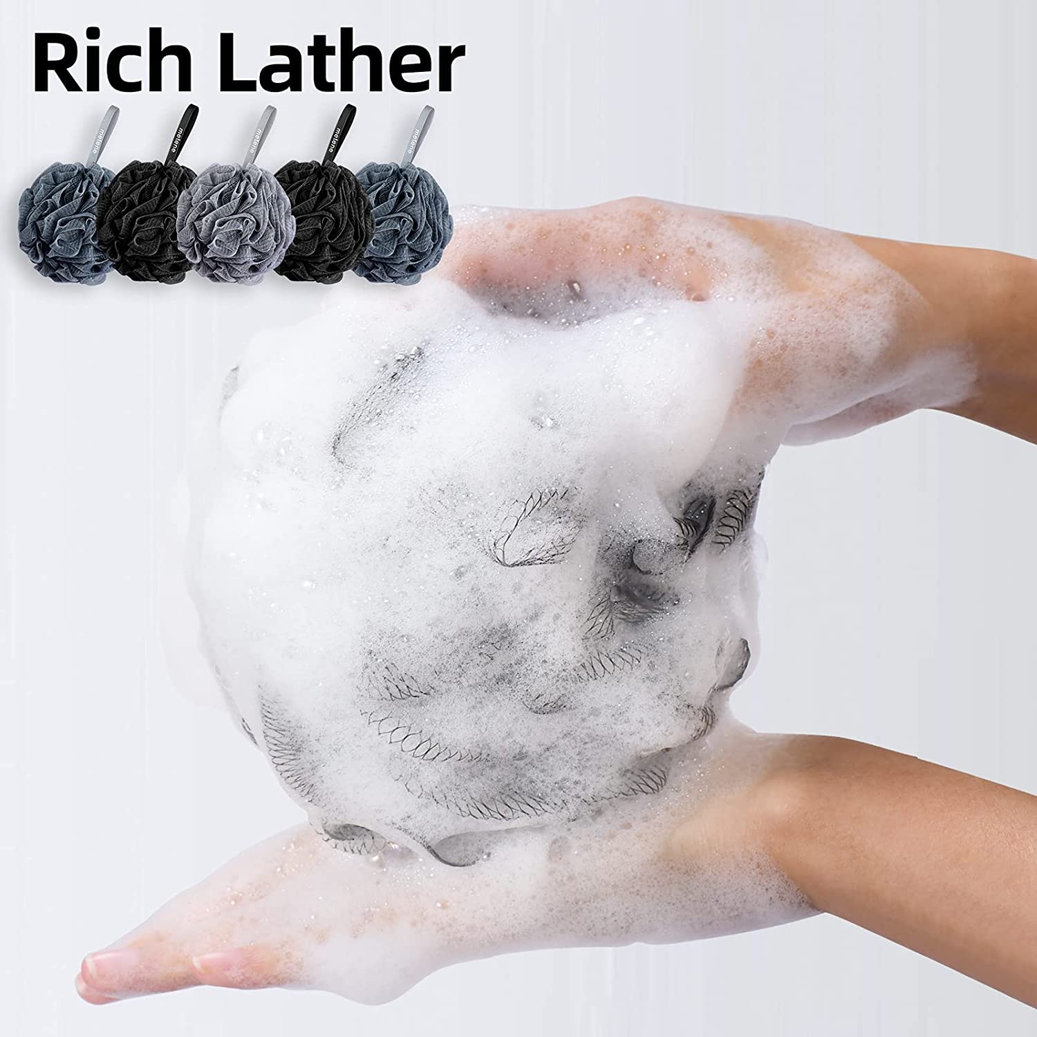 Metene 5-Pack Bath Shower Loofah Sponge - Exfoliating Body Scrubber for Men & Women, Soft Skin Care Pouf (60g) - Perfect for Daily Shower, Spa & Exfoliation Routine