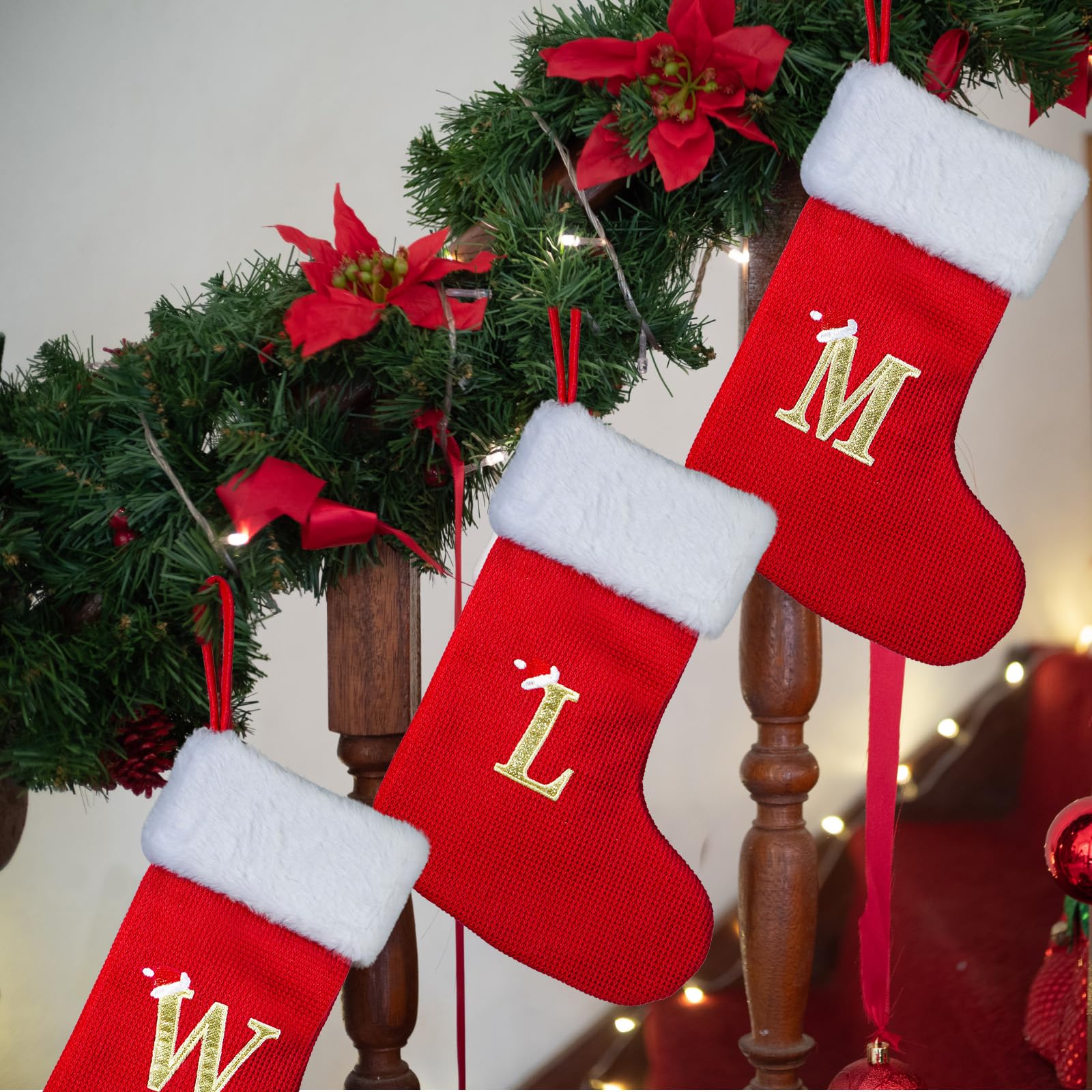Personalized Monogrammed Christmas Stockings - 13 Inch Embroidered Initial Holiday Stockings for Mom, Dad, Kids, Women & Men - Red Festive Stocking with Custom Letter (M) - Perfect for Fireplace Decor, Gift Giving & Family Christmas Traditions