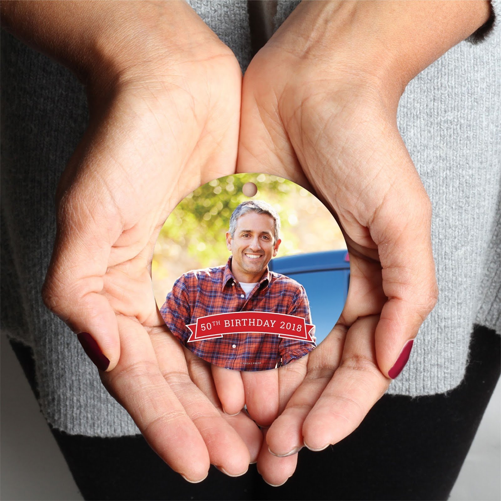 Personalized Christmas Ornament with Red Banner - Custom Photo Keepsake for 50th Birthday 2024 - 1-Pack Includes Ribbon & Gift Bag - Perfect for Holiday Decorations, Family Gifts & Christmas Tree Ornaments