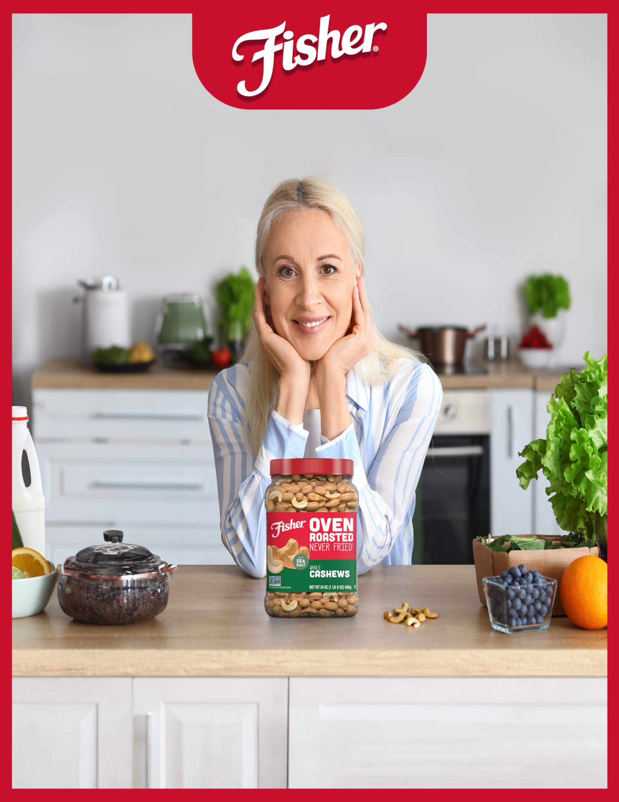 Fisher Oven Roasted Never Fried Whole Cashews, 24oz (Pack of 1) – Healthy Snacks for Adults with Sea Salt, No Added Oils, Gluten Free, Vegan Protein – Perfect for Office Snacks, Travel, Hiking & Gift Giving