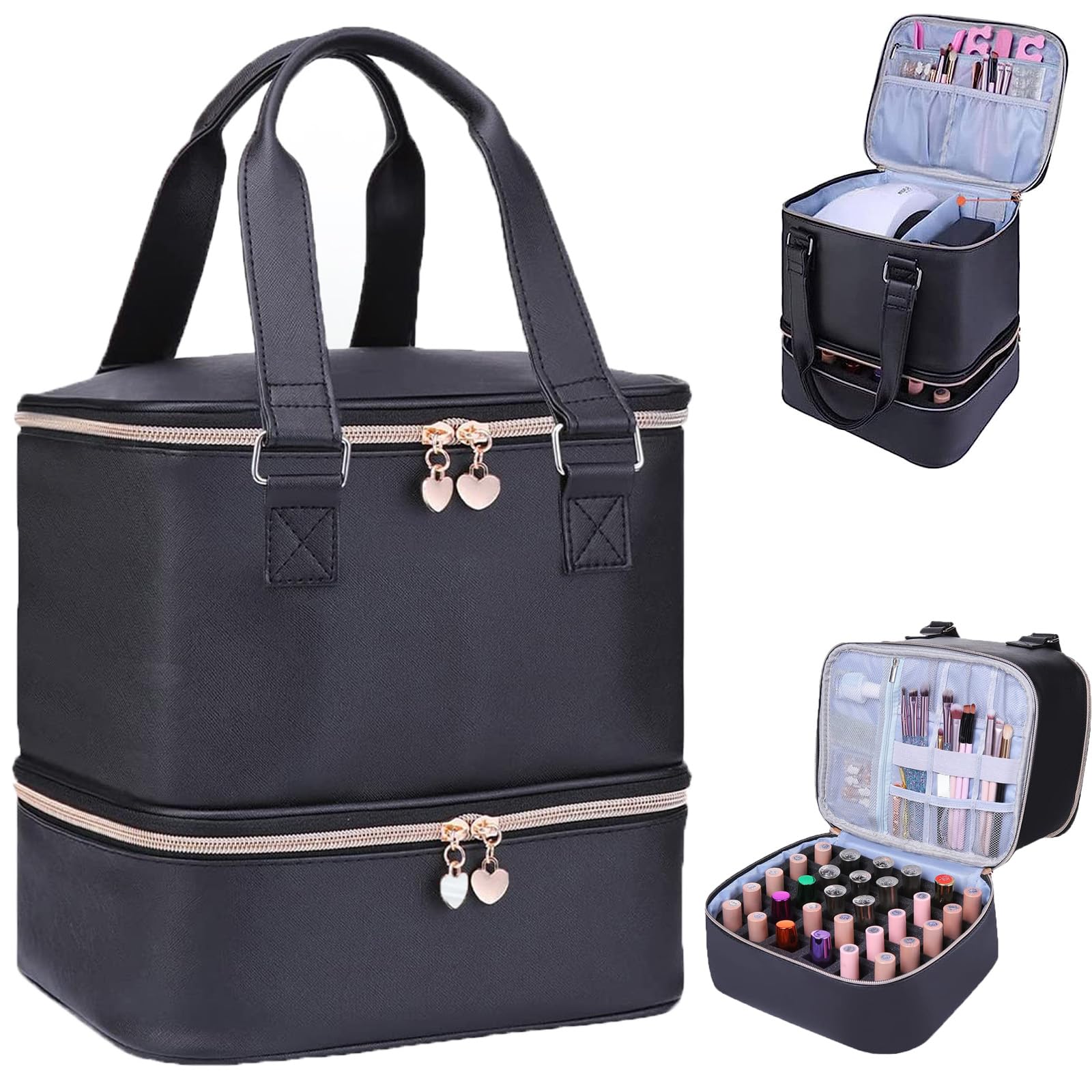Premium Nail Polish Organizer Case - Holds 30+ Bottles (15ml/0.5 fl.oz) & Nail Lamp, Double-Layer Portable Nail Art Storage Bag for Professional Nail Technicians & DIY Enthusiasts - Perfect for Salon, Travel & Home Use (Black)
