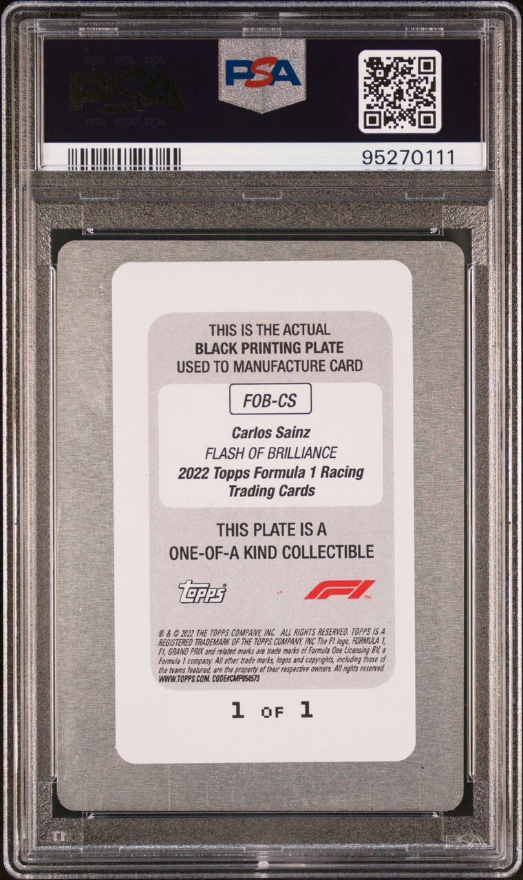 2022 Topps Formula 1 Carlos Sainz #FOBCS Black Printing Plate - Limited Edition Collectible for F1 Fans & Sports Memorabilia Enthusiasts - Perfect for Display, Trading, and Racing Memorabilia Collections