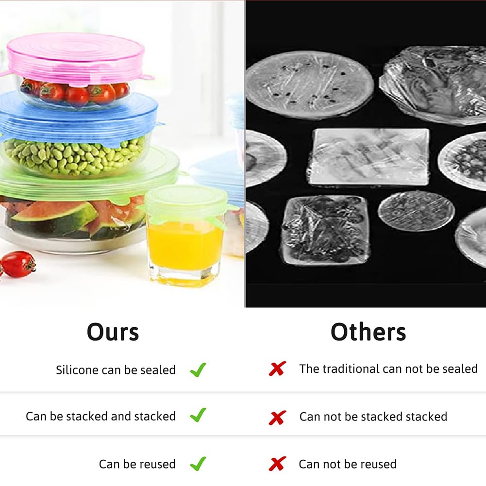 Stretchable Silicone Food Covers - Reusable Bowl Lids Set of 6 (Multiple Sizes) for Round, Square & Rectangular Containers | Perfect for Meal Prep, Leftovers Storage & Microwave Use