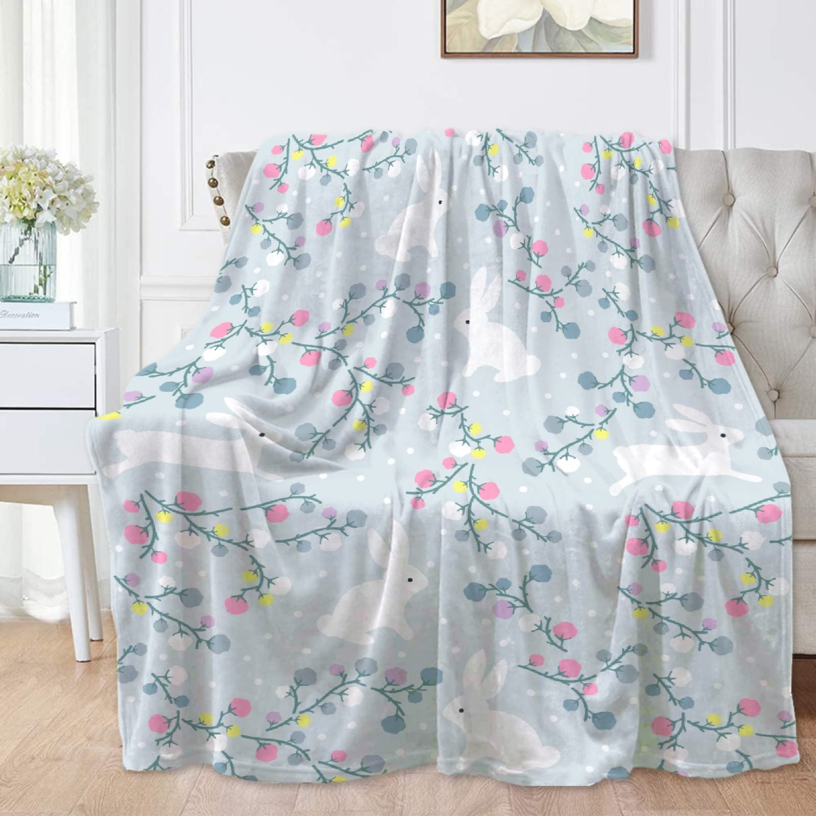 Soft Cozy Fleece Rabbit & Floral Throw Blanket for Women, Men, Kids - Lightweight All-Season Blanket for Bed, Couch, Living Room - Extra Large 120