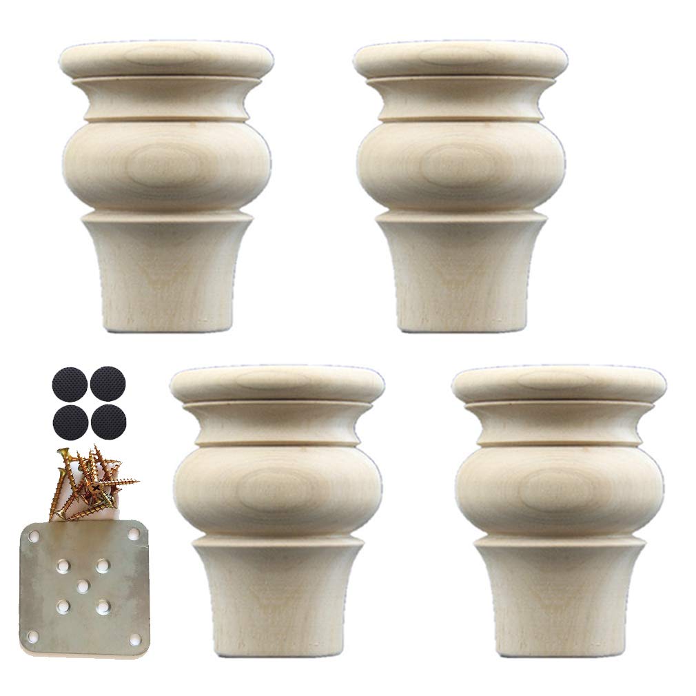 4 Pack Solid Oak Wood Furniture Legs - Heavy Duty Sofa, Cabinet, Chair, Couch & Table Feet with Mounting Plates & Screws - 2.4 Inch/6cm Natural Wooden Supports for Living Room, Bedroom & Office Furniture