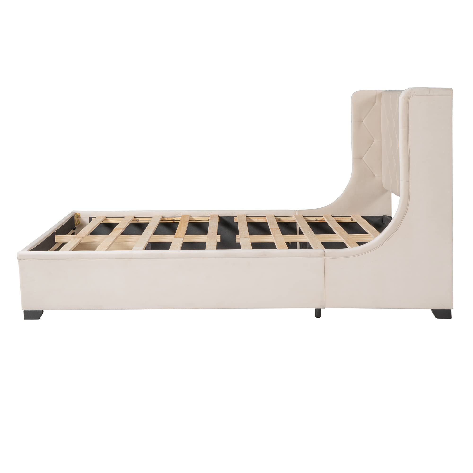 TRIPLE TREE Queen Size Storage Bed with Drawers - Upholstered Platform Bed Frame with Wingback Headboard & Wooden Slat Support | Sturdy Bedroom Furniture for Teens & Adults | Perfect for Small Spaces & Guest Rooms (Beige)