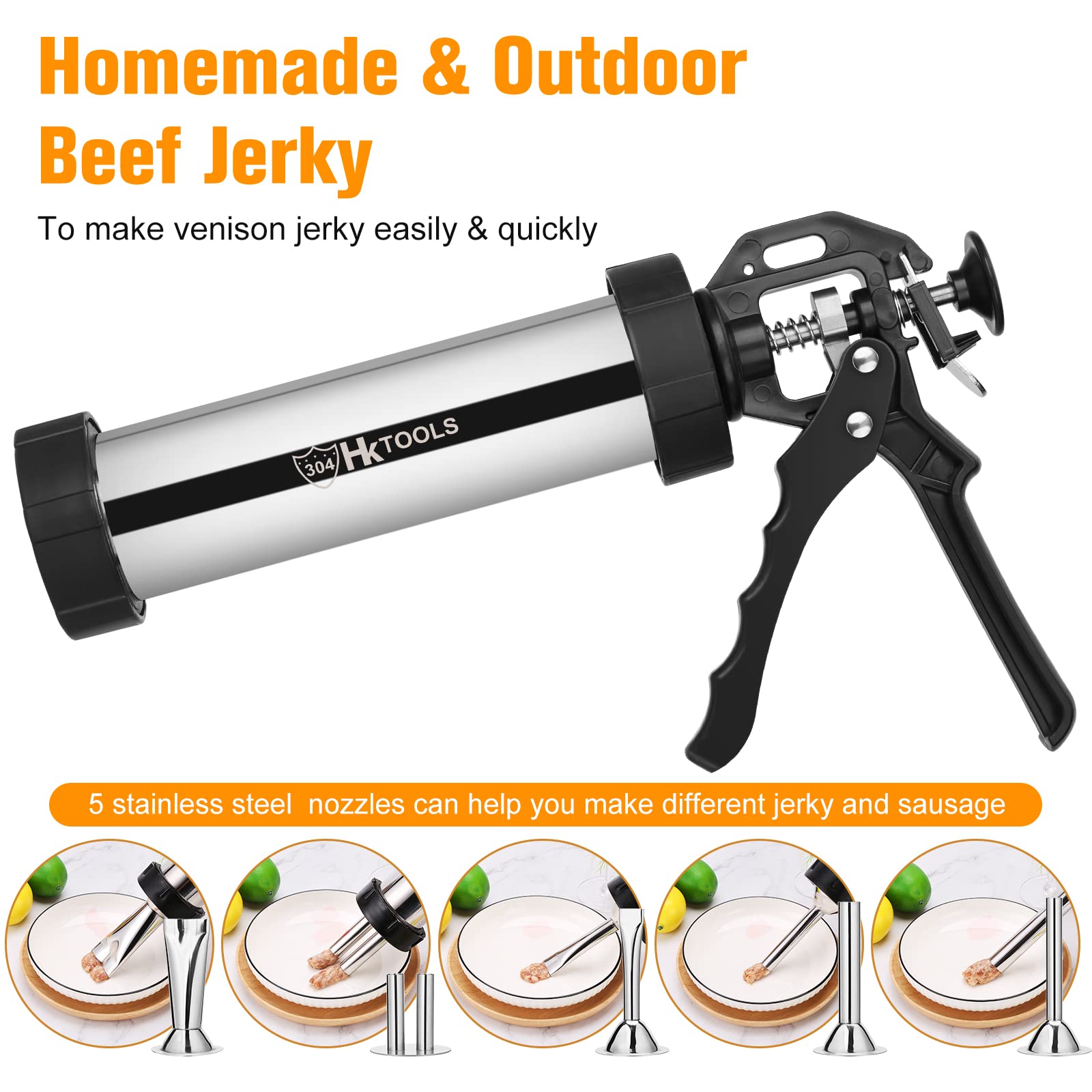 HK Jerky Gun Kit - 2.1LB Stainless Steel Jerky Maker & Sausage Stuffer with 5 Nozzles, 2 Cleaning Brushes & Stomper - Perfect for Homemade Beef Jerky, Sausage & Snack Making