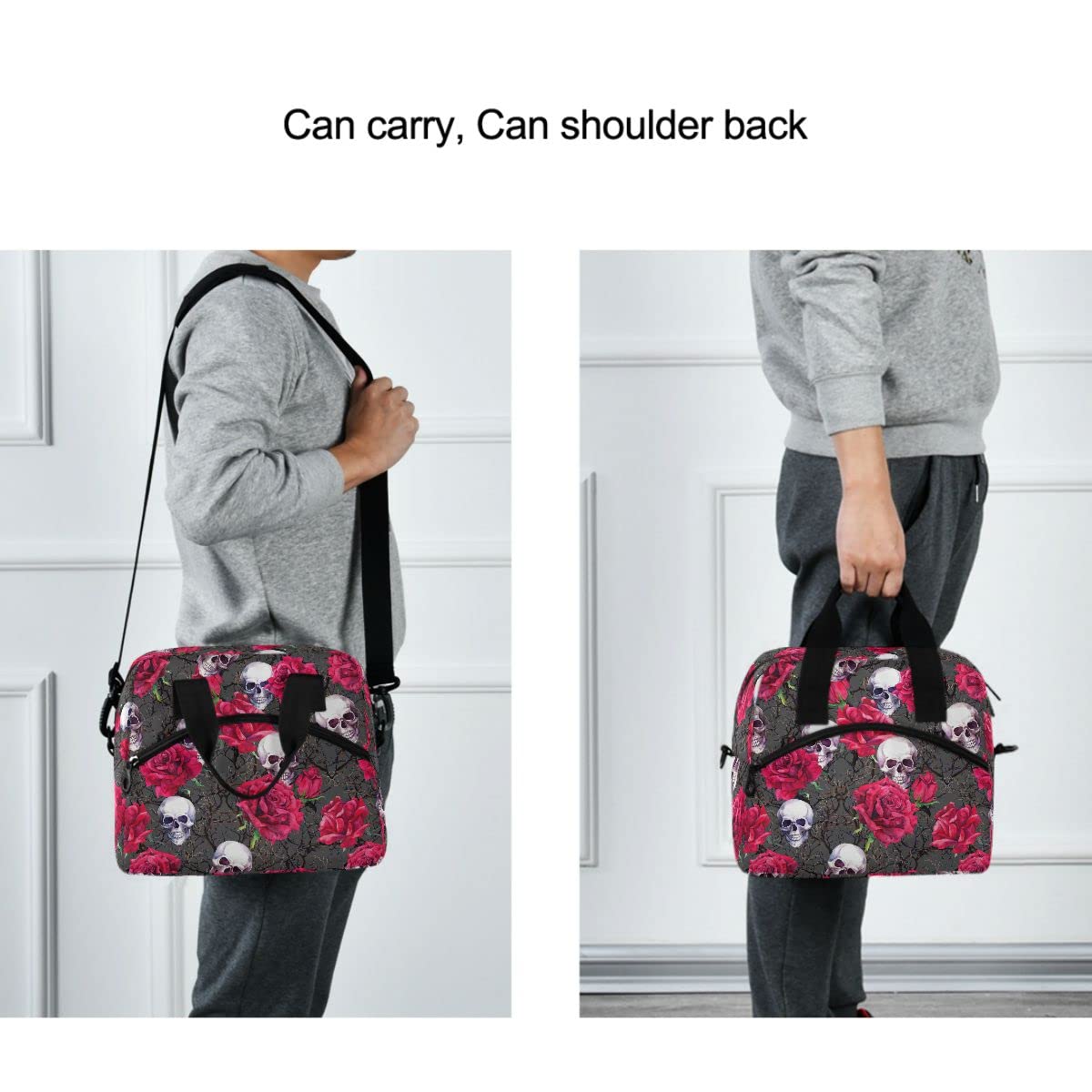Insulated Lunch Bag with Skulls & Rose Design - Reusable Leakproof Cooler Tote for Women & Men - Perfect for Work, School, Picnics & Outdoor Activities