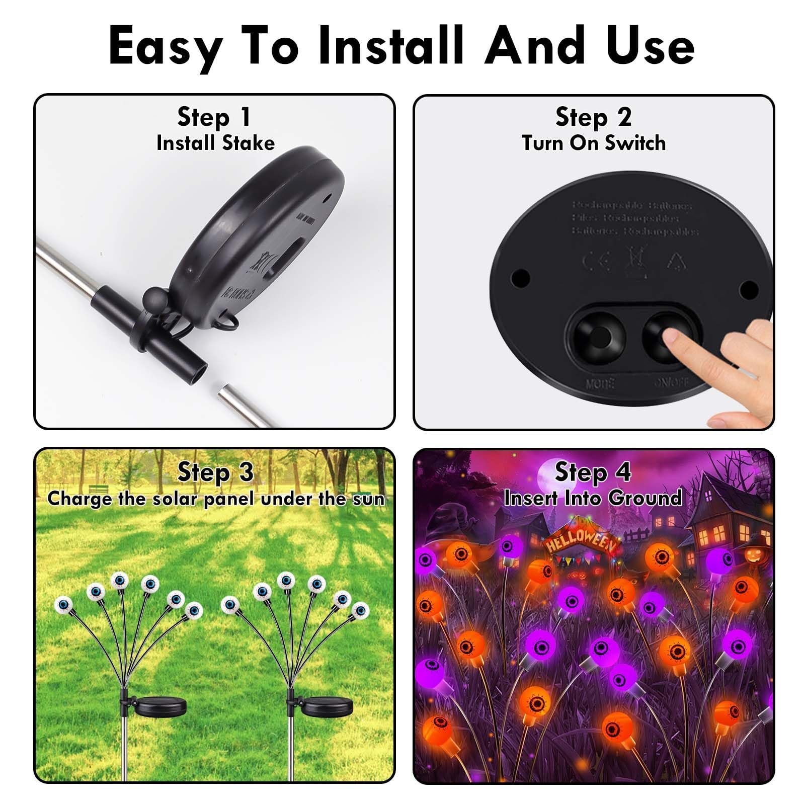 6-Pack Solar Halloween Eyeball Lights Outdoor - Purple & Orange Waterproof Garden Lights, Wind-Swaying Firefly Fairy Lights for Pathway, Yard, Garden - Perfect for Halloween, Christmas, and Party Decorations