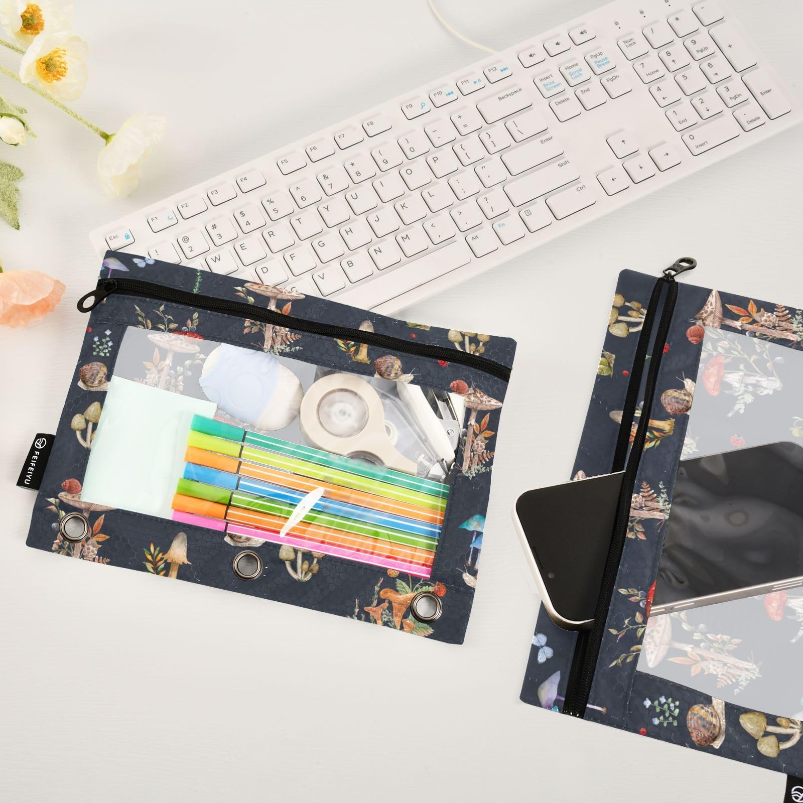 3 Ring Binder Pencil Pouch 2 Pack - Mushroom Snail Design Zippered Pencil Case, Clear PVC Binder Pockets for School, Office & Daily Organization Supplies | Perfect for Backpacks, Notebooks & Stationery Storage