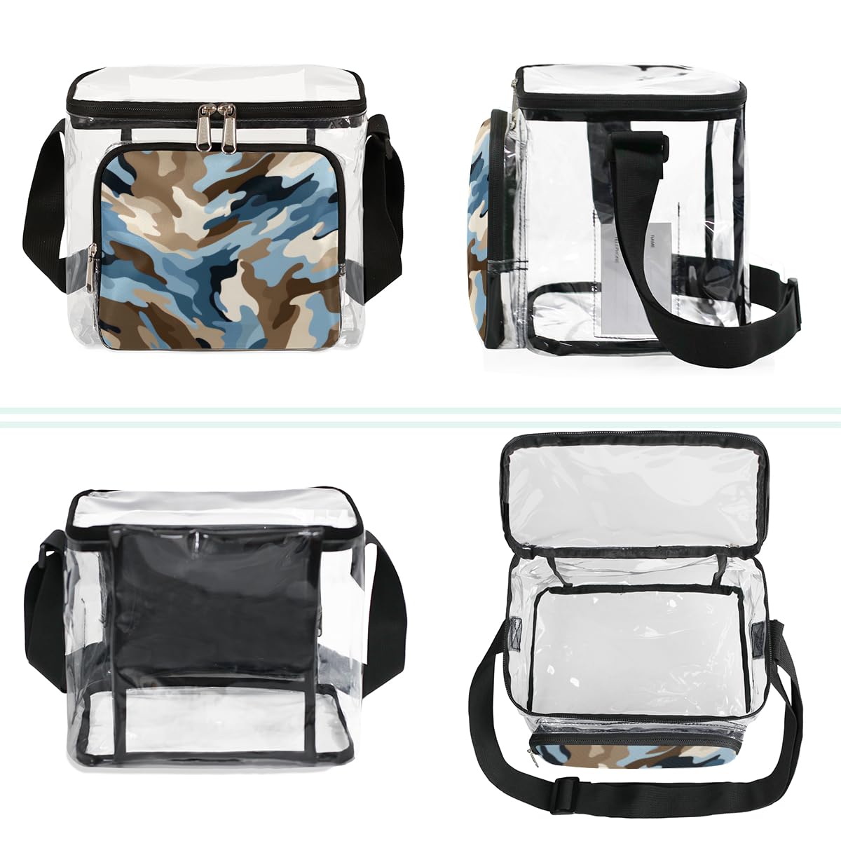 GzLeyigou Camouflage Pattern Transparent Tote Bag with Handles - Blue White Clear Crossbody Shoulder Bag for Lunch, Outdoor, Travel, Picnic, Concerts & Sports Events | Stadium Approved Waterproof Multipurpose Carryall (Perfect for Beach, Shopping, Gym & Daily Commute)