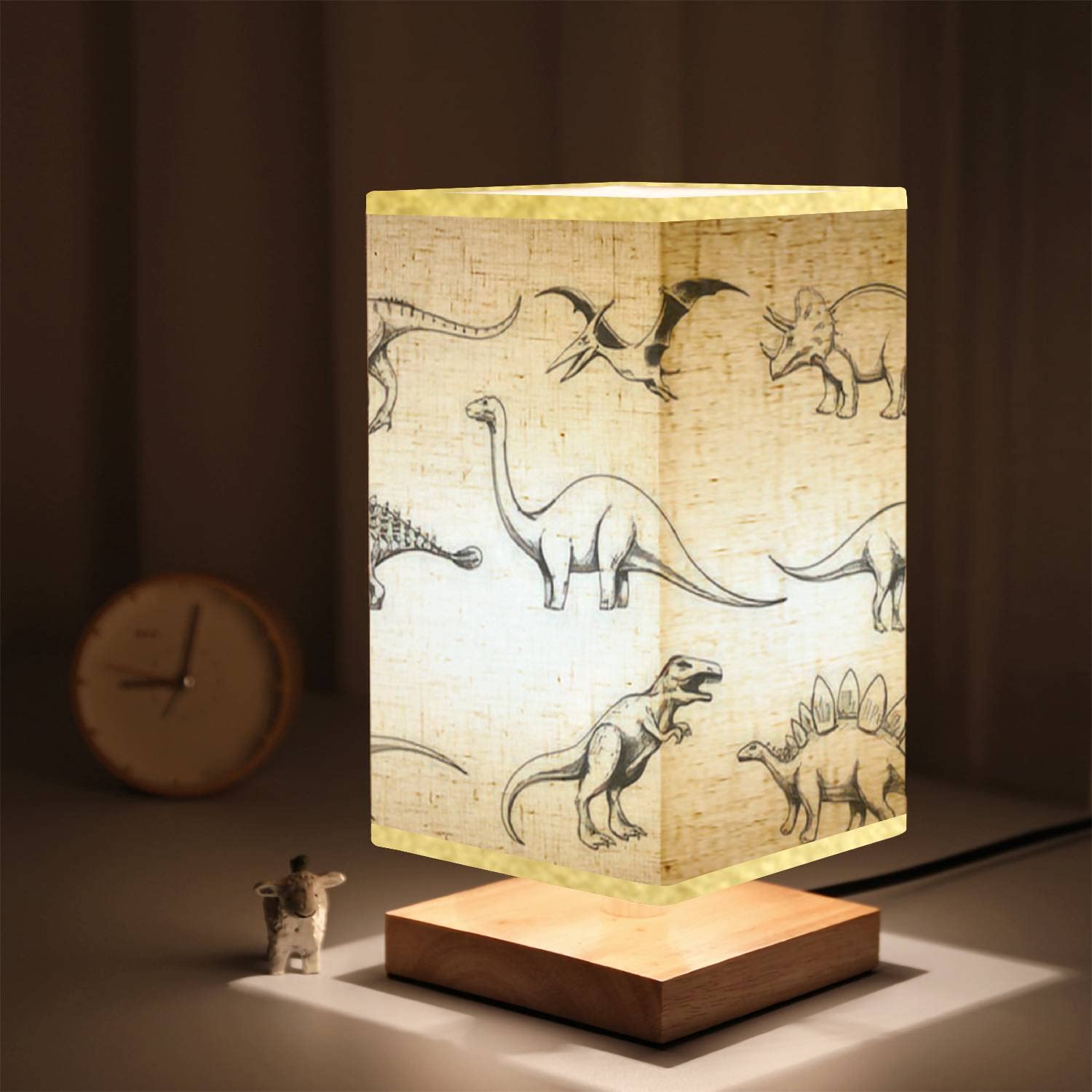 Dinosaur LED Nightstand Lamp - Square Wooden Base with Fabric Shade, Bedside Table Light for Bedroom, Kids Room & College Dorm - Perfect for Reading, Nursery Decor and Cozy Bedtime Lighting