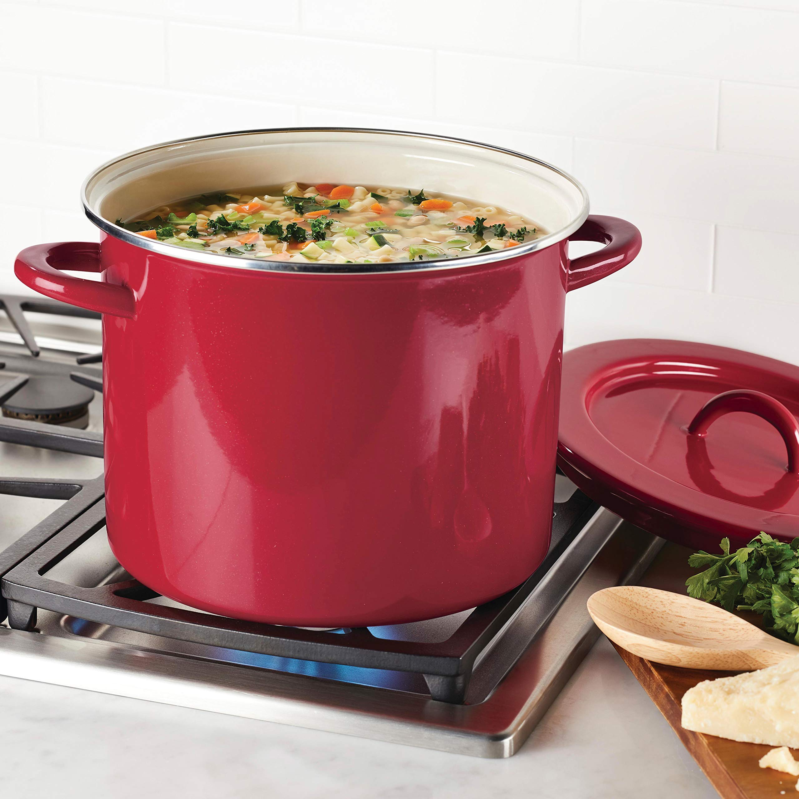 Rachael Ray 12 Quart Red Stock Pot with Lid - Large Durable Cooking Pot for Soups, Stews, Pasta & Family Meals - Perfect for Home Kitchens & Professional Chefs