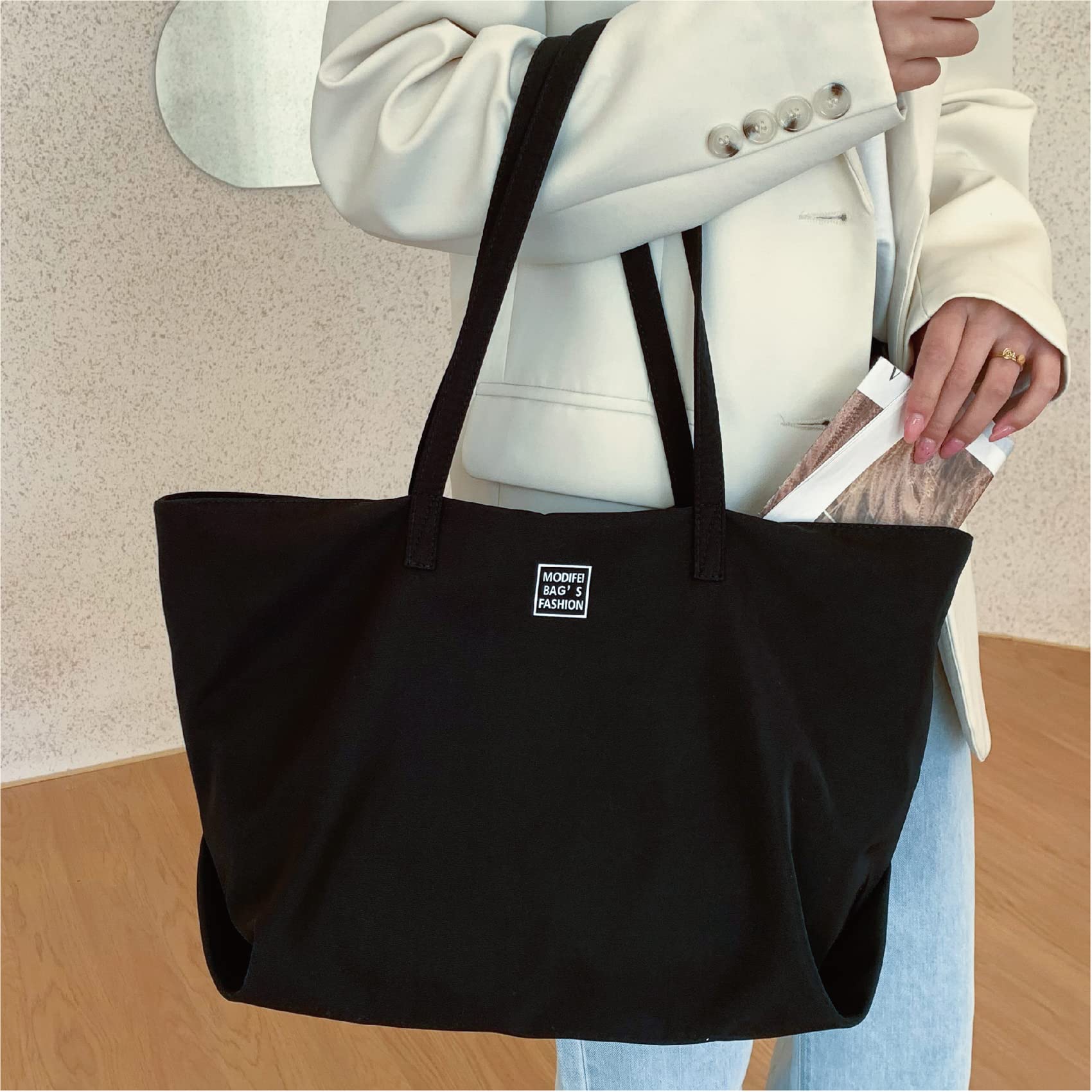 MAYMOONER Women's Canvas Tote Bag - Stylish School Handbag for Women, Casual Crossbody Shoulder Bag with Spacious Pocket | Perfect for Work, Travel, Shopping & Daily Use
