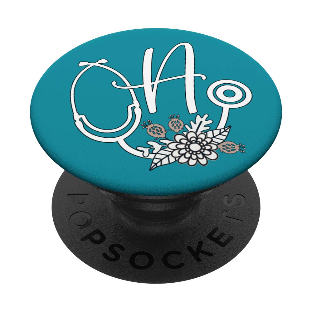 Monogram Initial A Floral Teal Stethoscope PopGrip - Swappable Phone Grip for Nurses & Medical Professionals | Perfect for iPhones, Samsung Galaxy & Tablets | Great Nursing Gift & Hospital Accessory
