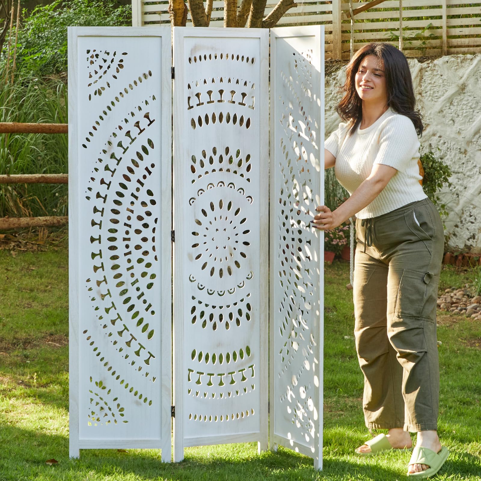 Handcrafted Wooden Room Divider Screen - 3 Panel Folding Partition with Bohemian Carvings for Home, Office, Garden & Terrace (Antique White Finish) | Perfect for Creating Privacy Spaces, Room Separation & Decorative Accents