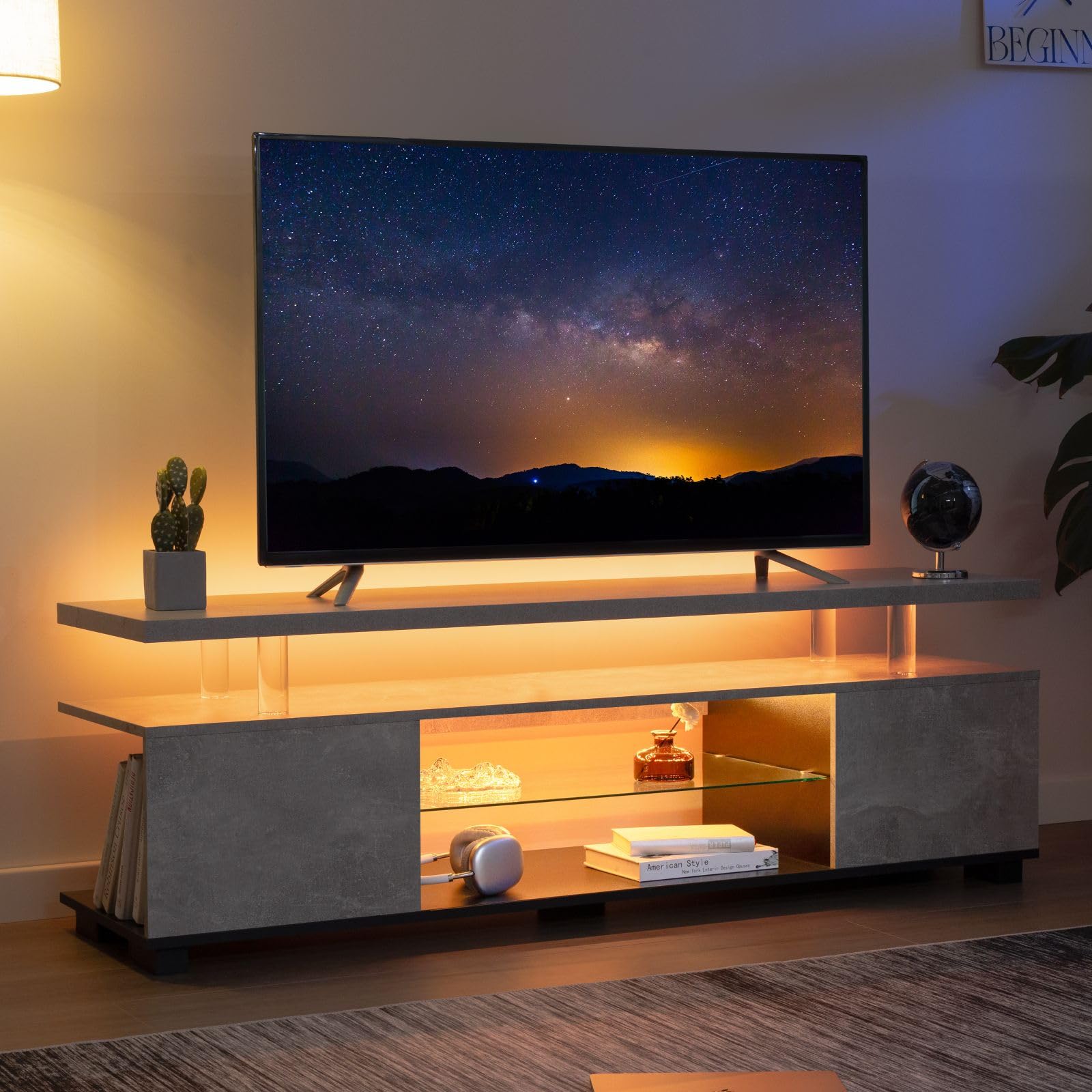 65 Inch LED TV Stand with Storage - Modern Entertainment Center for Living Room, Grey (A16-7) - Perfect for Home Theater & Living Room Organization