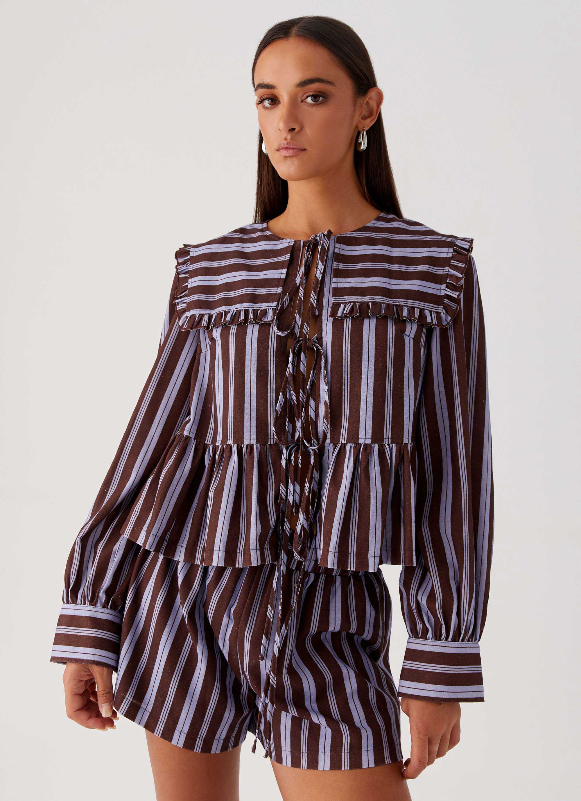 Emerson Tie Front Long Sleeve Blouse - Purple & Brown Striped Women's Tops for Work, Office & Casual Outfits