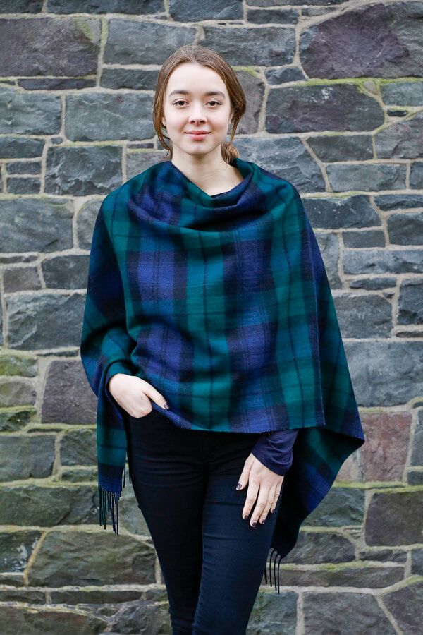 Georgia Black Watch Modern Lambswool Poncho - Stylish Tartan Shawl Wrap for Women | Perfect for Fall, Winter & Outdoor Activities