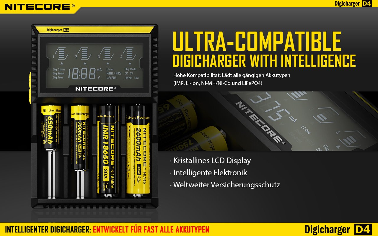 Nitecore Digicharger D4 LCD Display 4 Bay Smart Battery Charger for Li-ion/NiMH - Perfect for Vaping, Flashlights & Camera Gear