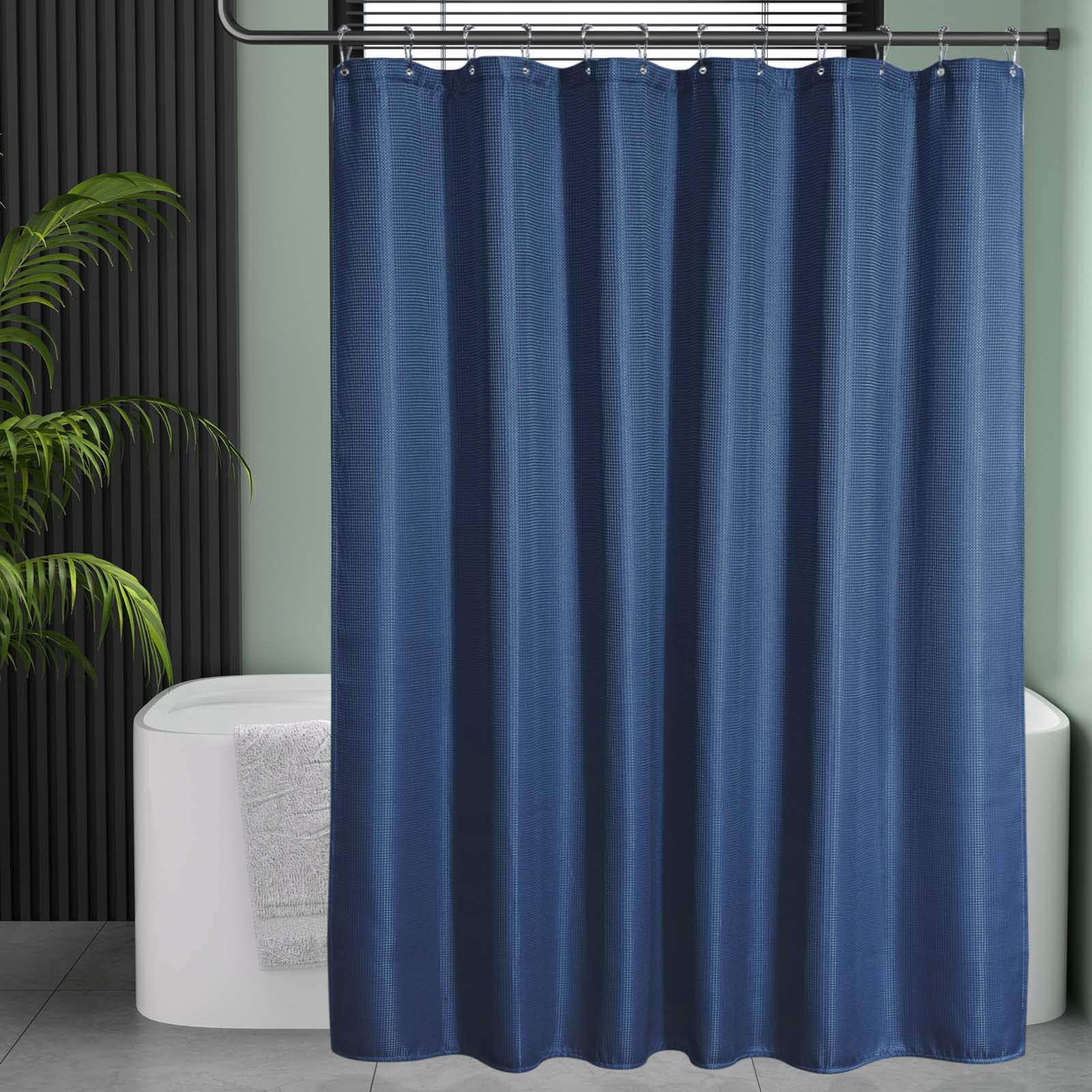 AmazerBath Waffle Weave Shower Curtain - Navy Blue Heavy Duty Hotel Quality Fabric Bathroom Curtain, 72x72 Inches - Perfect for Spa-Like Bathrooms & Luxury Hotel Decor