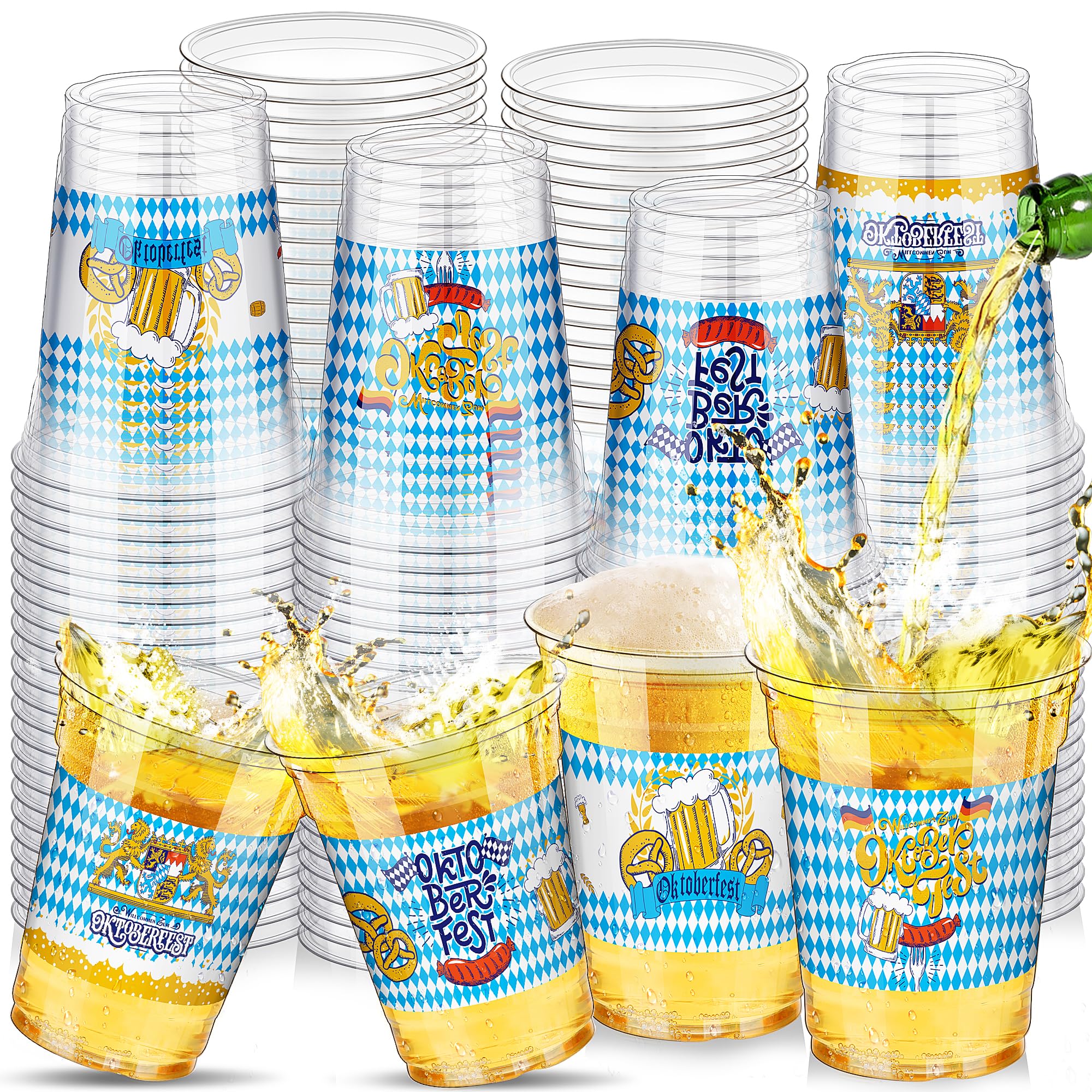 16 oz Clear Plastic Oktoberfest Beer Cups - 120 Pcs Bulk Party Supplies for German Festival, Wedding, BBQ & Outdoor Events - Durable Drinking Cups for Beer, Soda & Beverages