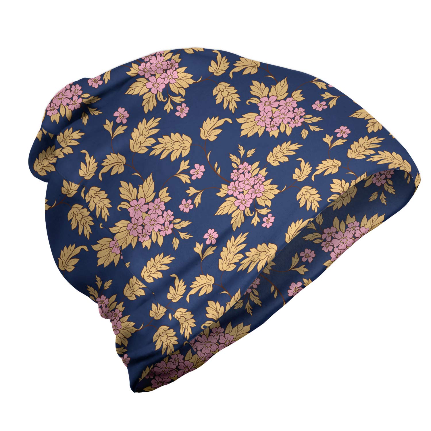 Ambesonne Unisex Beanie Hat - Vintage Garden Blossoms Design for Men & Women - Warm Winter Knit Cap for Hiking, Camping & Outdoor Activities