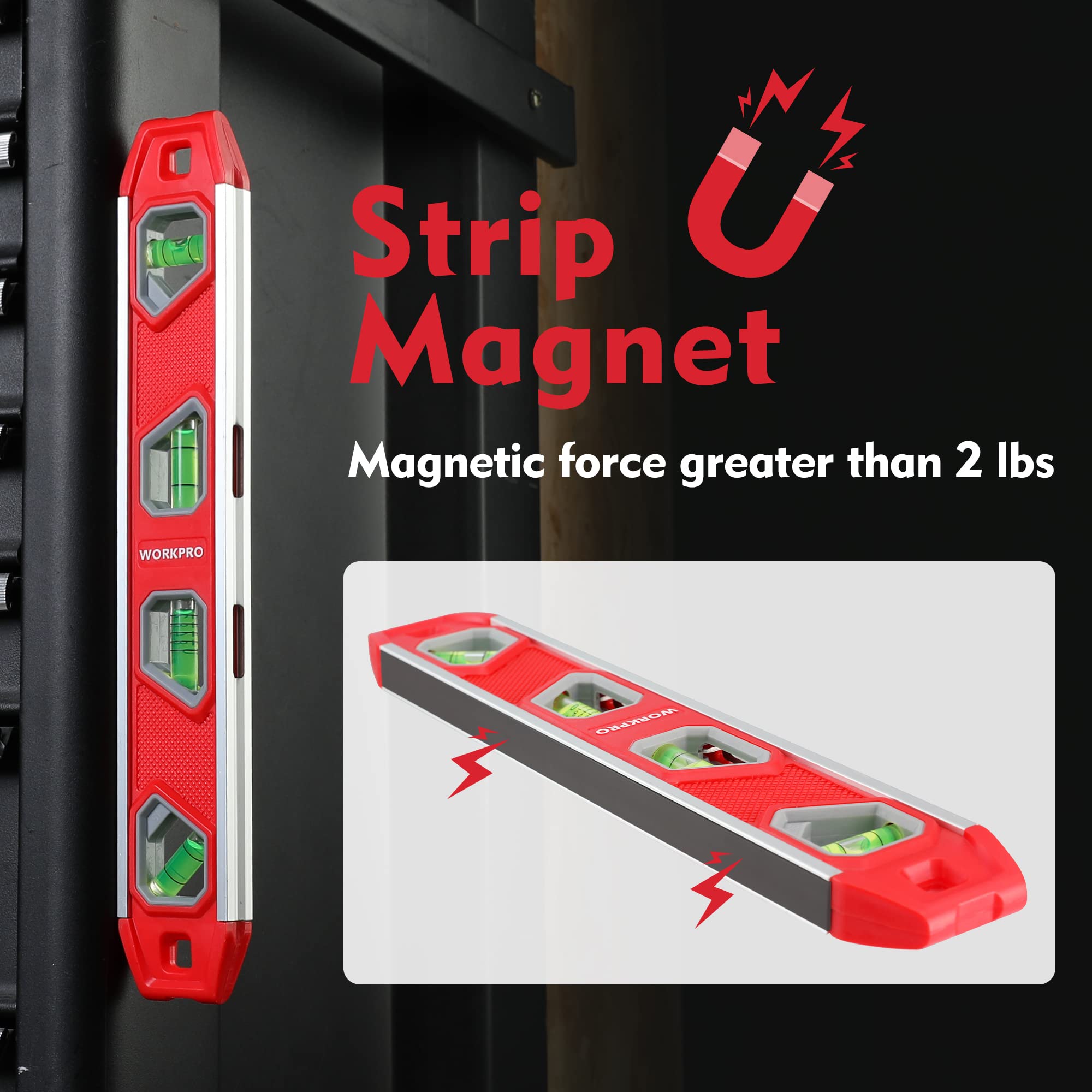 WORKPRO 12 Inch Magnetic Torpedo Level - Aluminum Reinforced with 4 Bubbles & V-Groove for Conduit Bending - Perfect for Plumbing, Construction, and DIY Home Improvement Projects