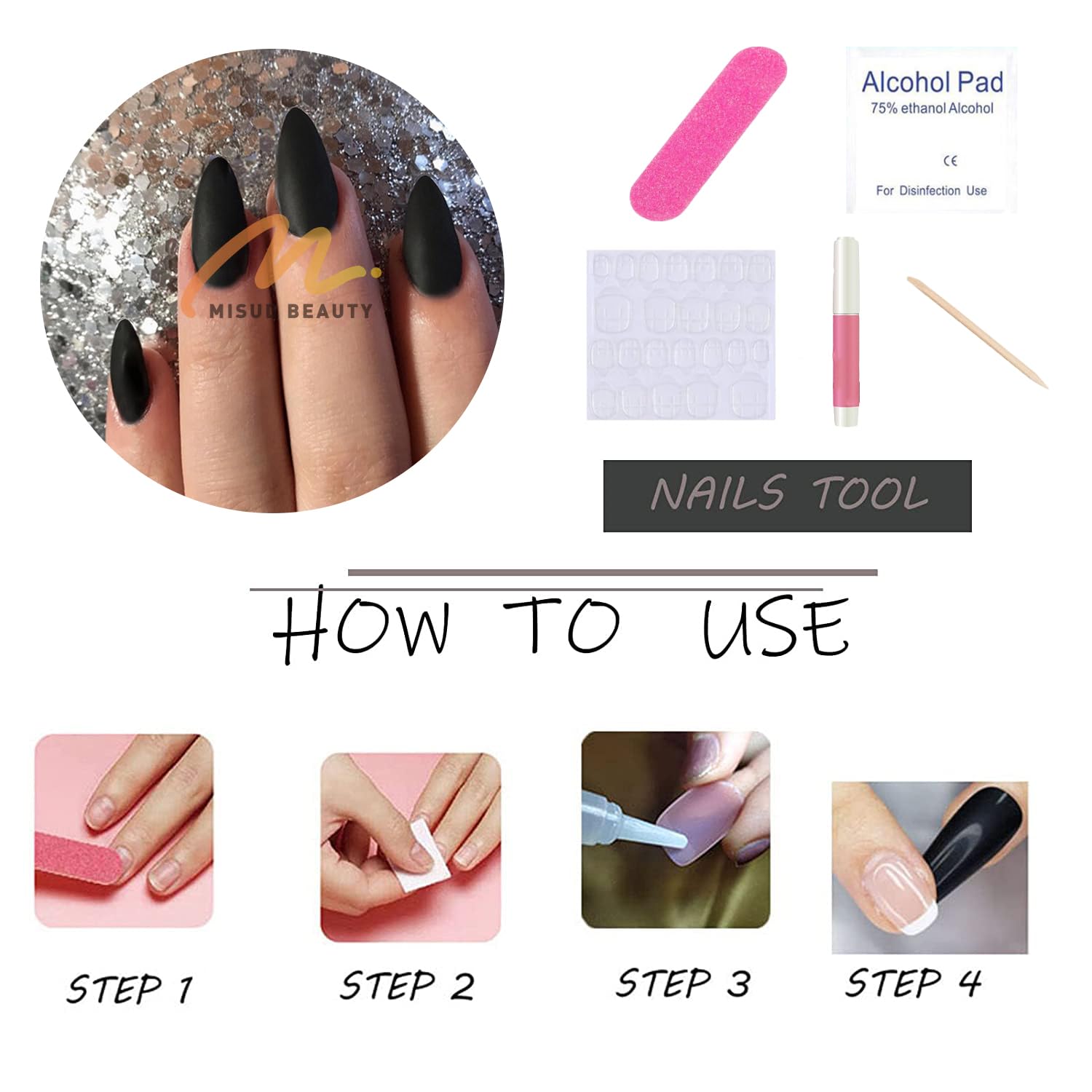 MISUD 24Pcs Matte Black Almond Fake Nails - Sharp Stiletto Press on Nails with Glue, Long False Nail Tips for Women | Perfect for Parties, Halloween, Cosplay & Special Occasions