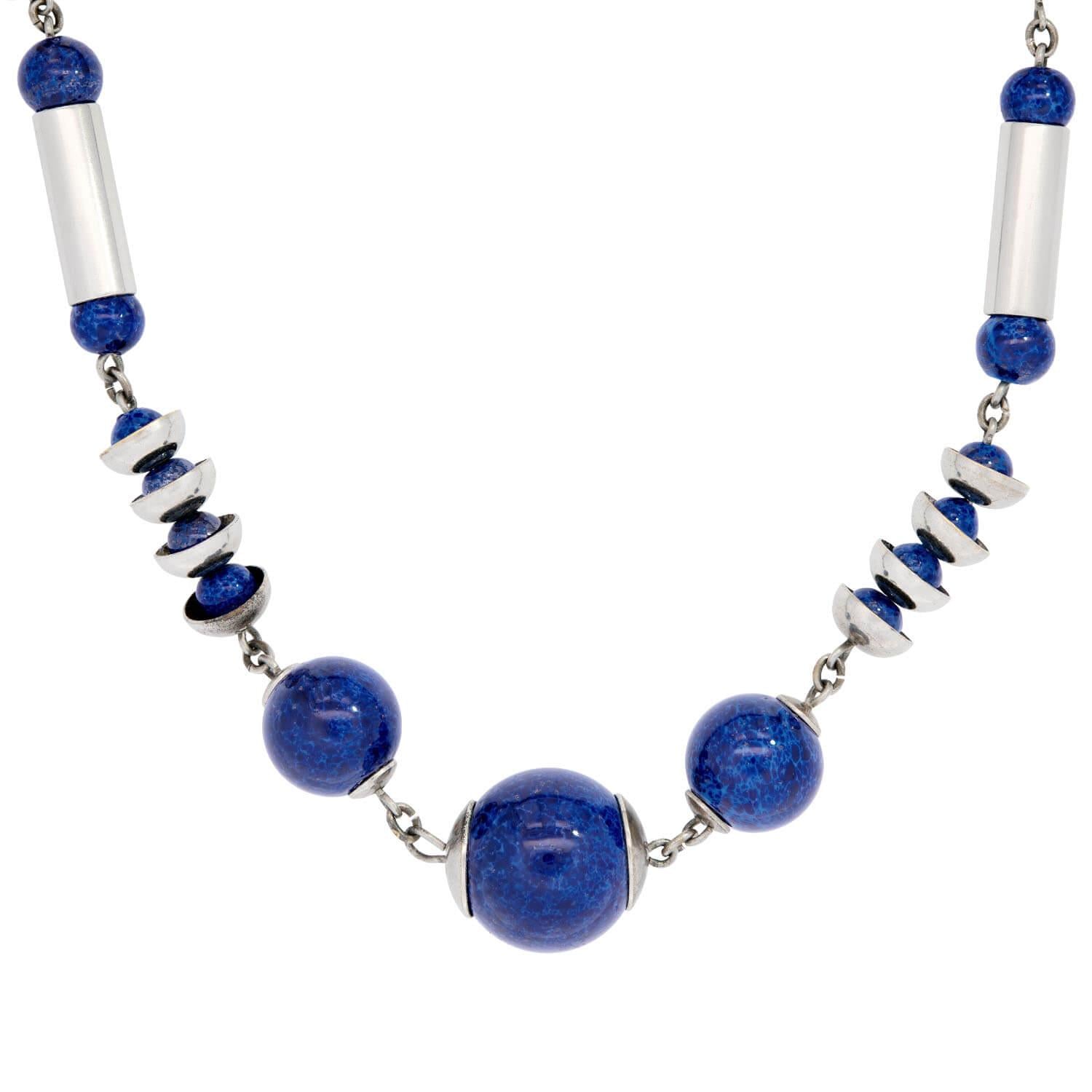 Vintage German Sterling Silver Lapis Bead Necklace - Handmade Blue Lapis Lazuli Jewelry for Women, Elegant Statement Piece for Parties, Weddings & Special Occasions