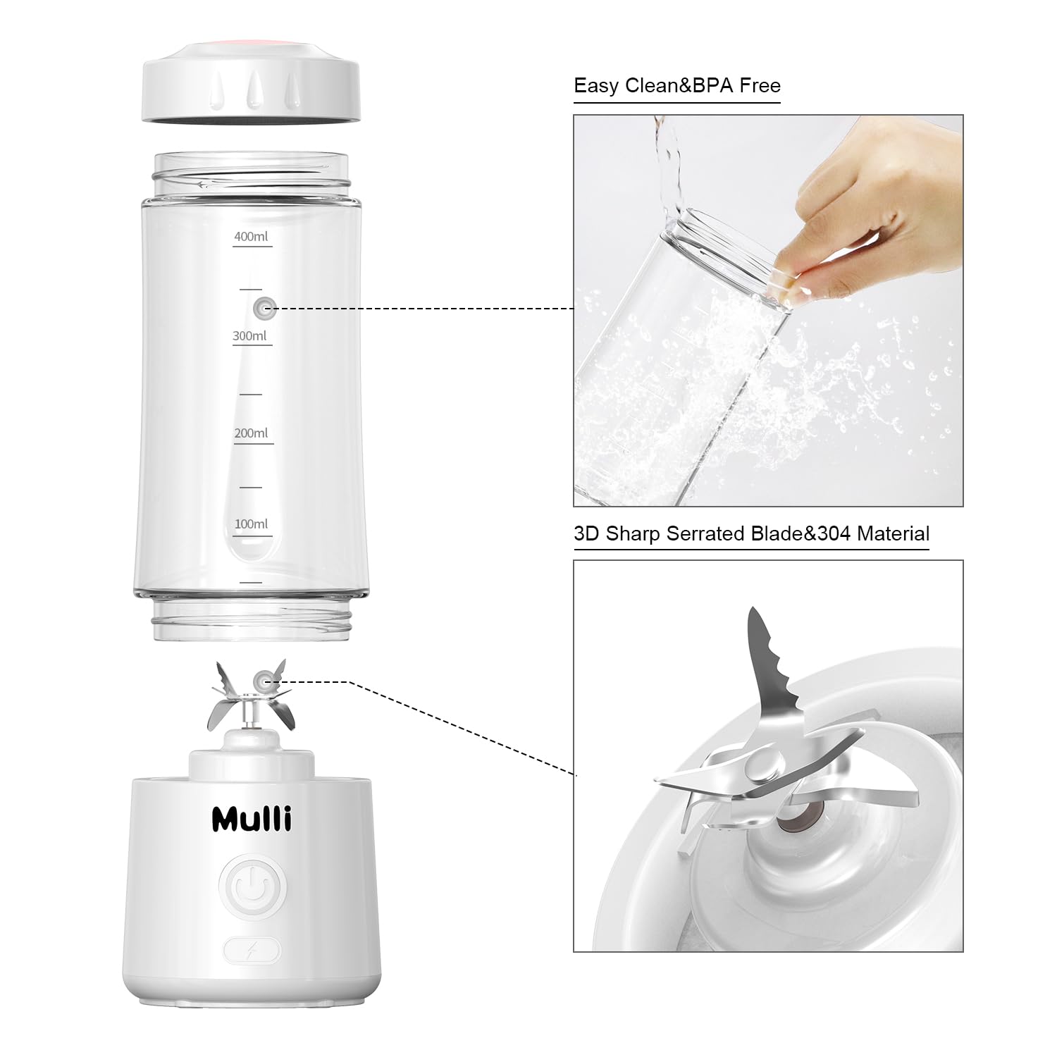 Mulli Portable USB Rechargeable Mini Blender - 6 Blade Personal Smoothie Maker for Shakes, Baby Food, Travel & Gym - Compact Blender for Home, Office, Camping & Outdoor Activities
