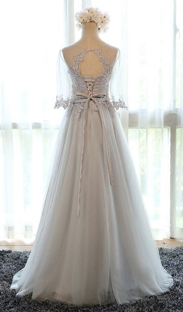 Elegant Women's Half Sleeve Lace Applique Tulle Formal Evening Gown - Perfect for Prom, Wedding Guest & Black Tie Events