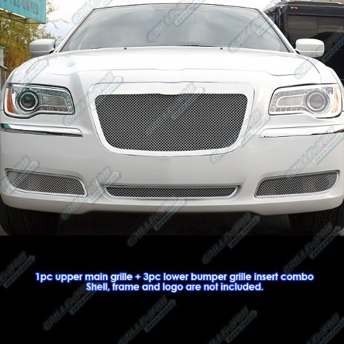 APS Chrome Mesh Front Grill Grille Insert Combo R71166R for Chrysler 300 & 300C (2011-2014) - Upper/Lower Bumper Replacement - Enhances Vehicle Style & Protection for Daily Driving & Car Shows