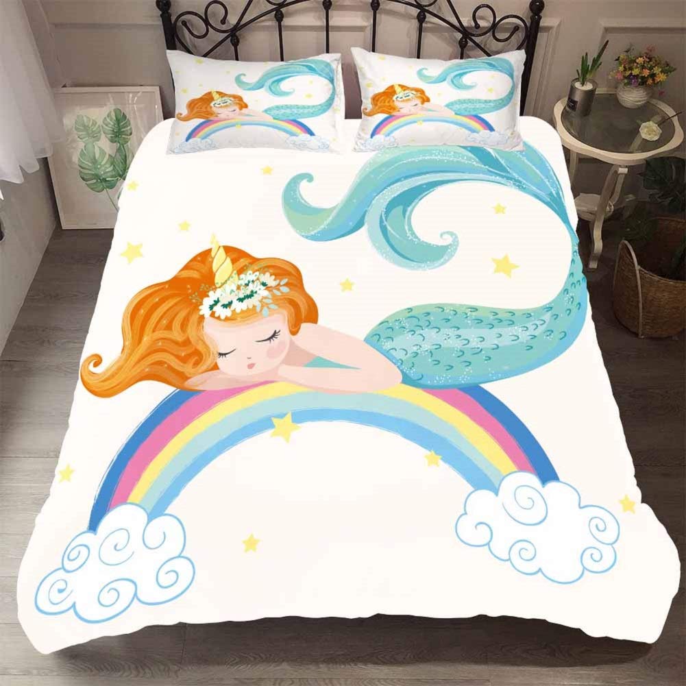 MOUMOUHOME Twin Size 3D Blue Mermaid Bedding Set - Kids Mermaid Comforter Cover with Rainbow & White Design, 2-Piece Set Includes Duvet Cover & Pillow Sham (Zipper Closure) - Perfect for Girls' Bedroom, Birthday Gifts & Fantasy Themed Decor