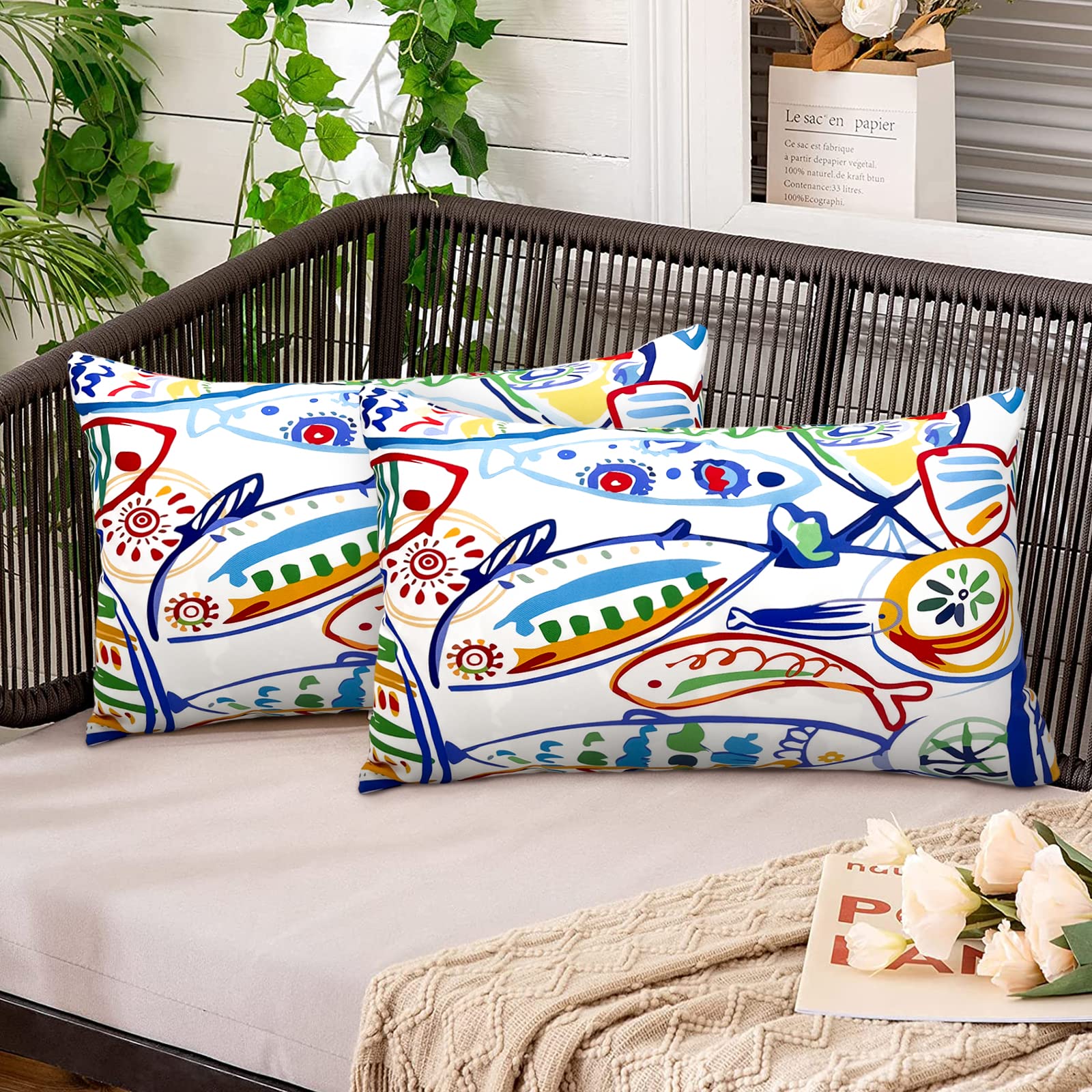 2 Pack Waterproof Outdoor Decorative Pillow Covers - Colorful Garden Patio Furniture Throw Pillows (Covers Only) - Perfect for Porch, Deck & Backyard Decor